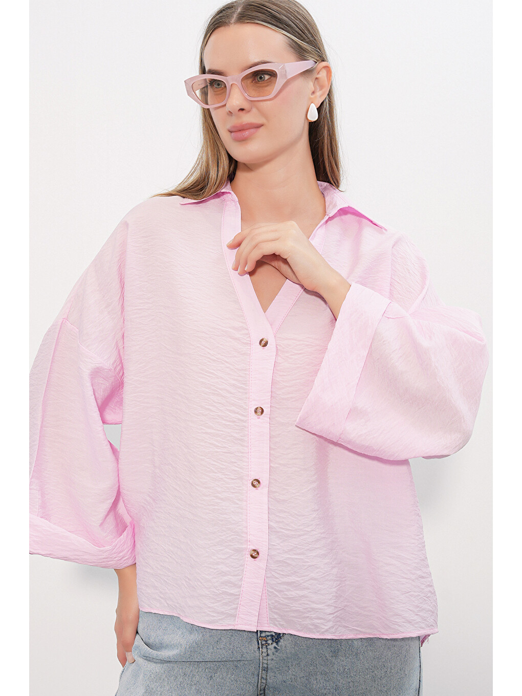 Kadın Geniş Kol Oversize Gömlek 20401 - Pembe-3