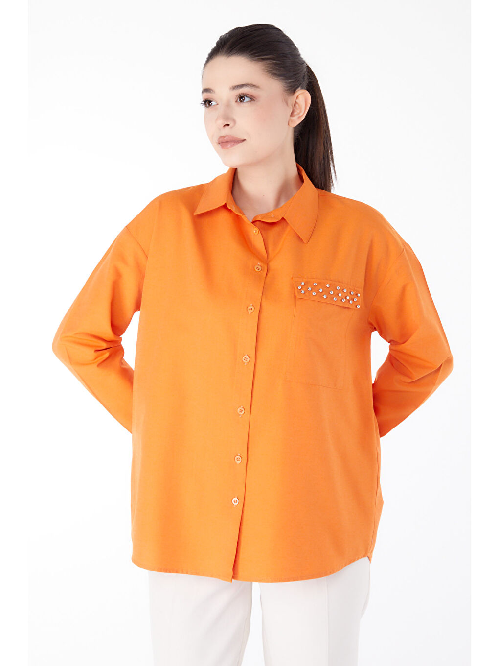 Gömlek Yaka Kadın Turuncu Taş Detaylı Gömlek - 13194-1