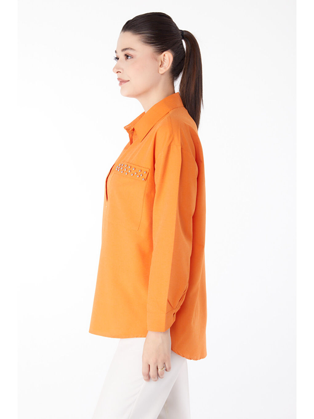 Gömlek Yaka Kadın Turuncu Taş Detaylı Gömlek - 13194-2