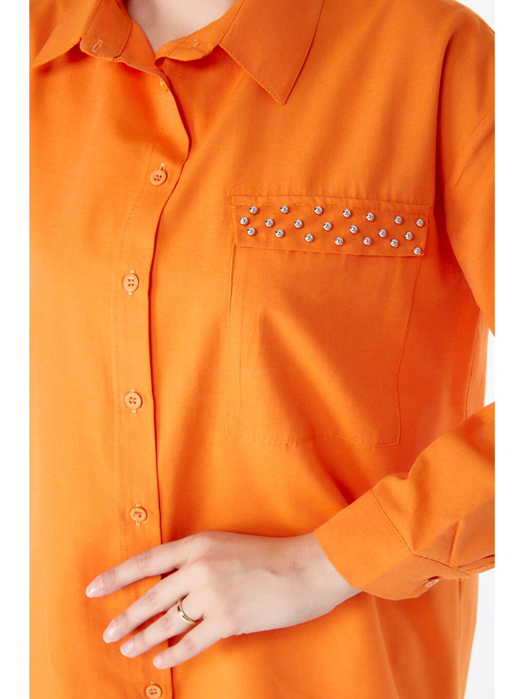 Gömlek Yaka Kadın Turuncu Taş Detaylı Gömlek - 13194-4