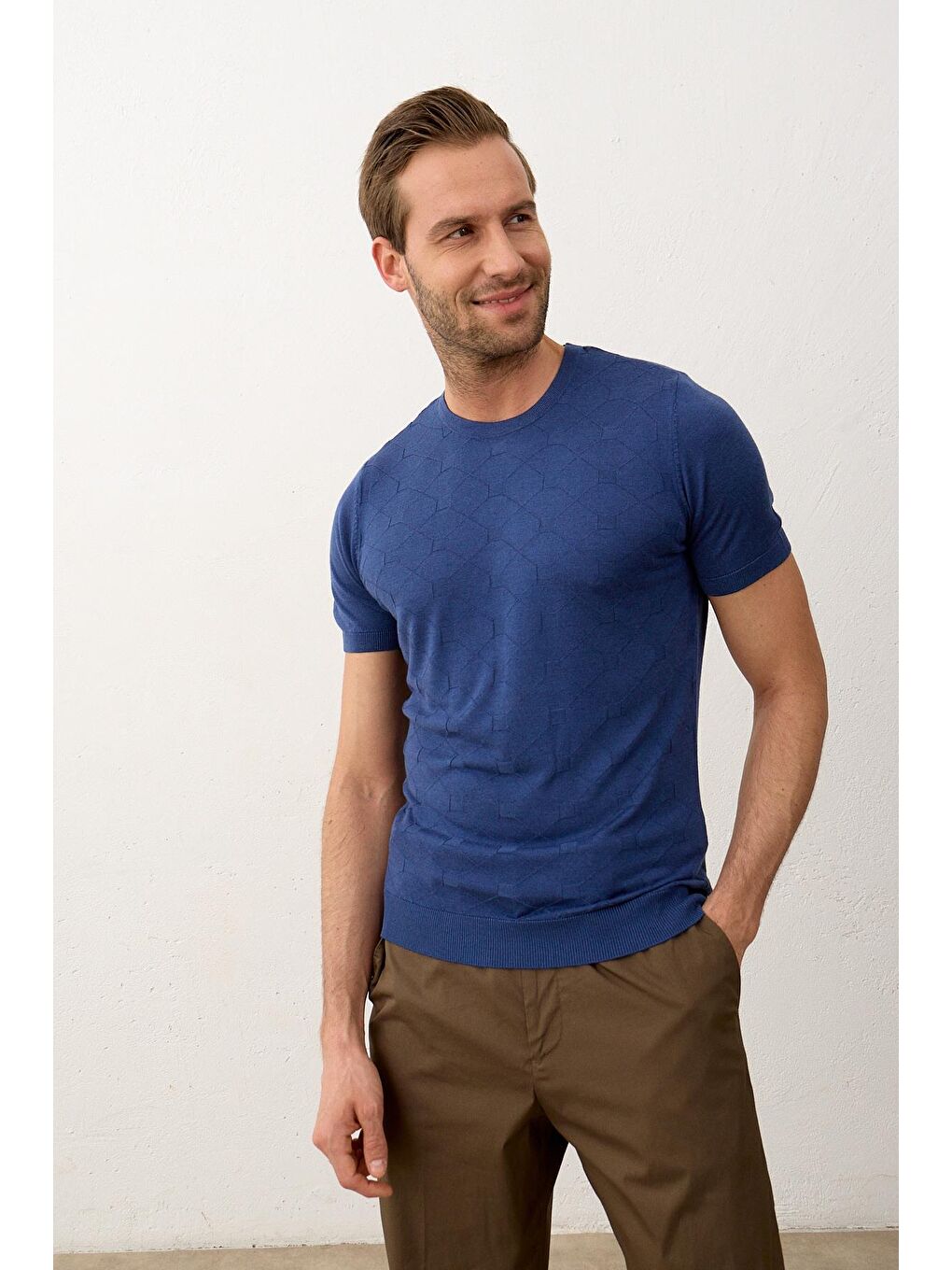 Danger Indigo Erkek Kare Desenli Slim-Fit Yazlık Triko Tişört İndigo - 1