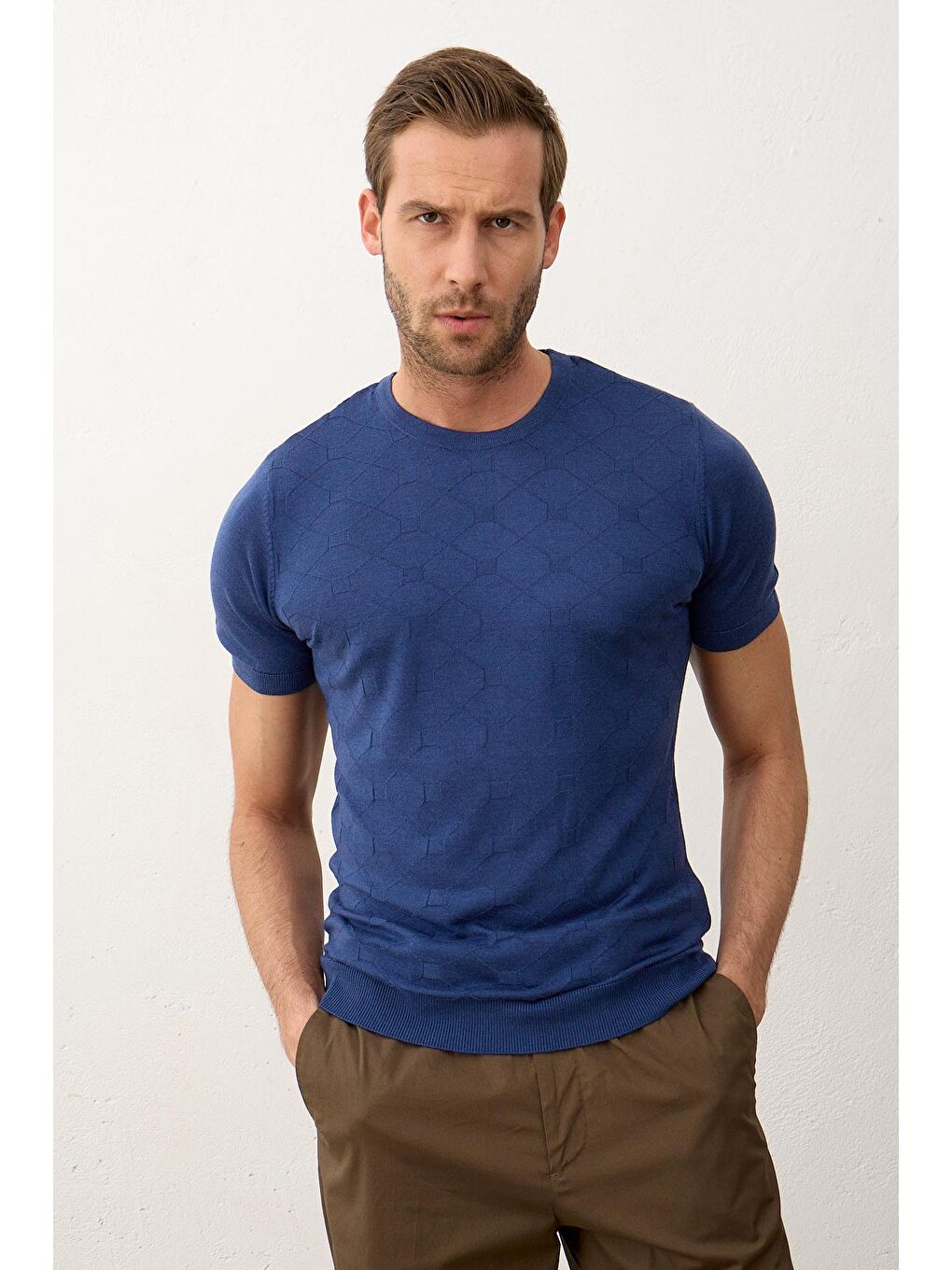 Danger Indigo Erkek Kare Desenli Slim-Fit Yazlık Triko Tişört İndigo - 2