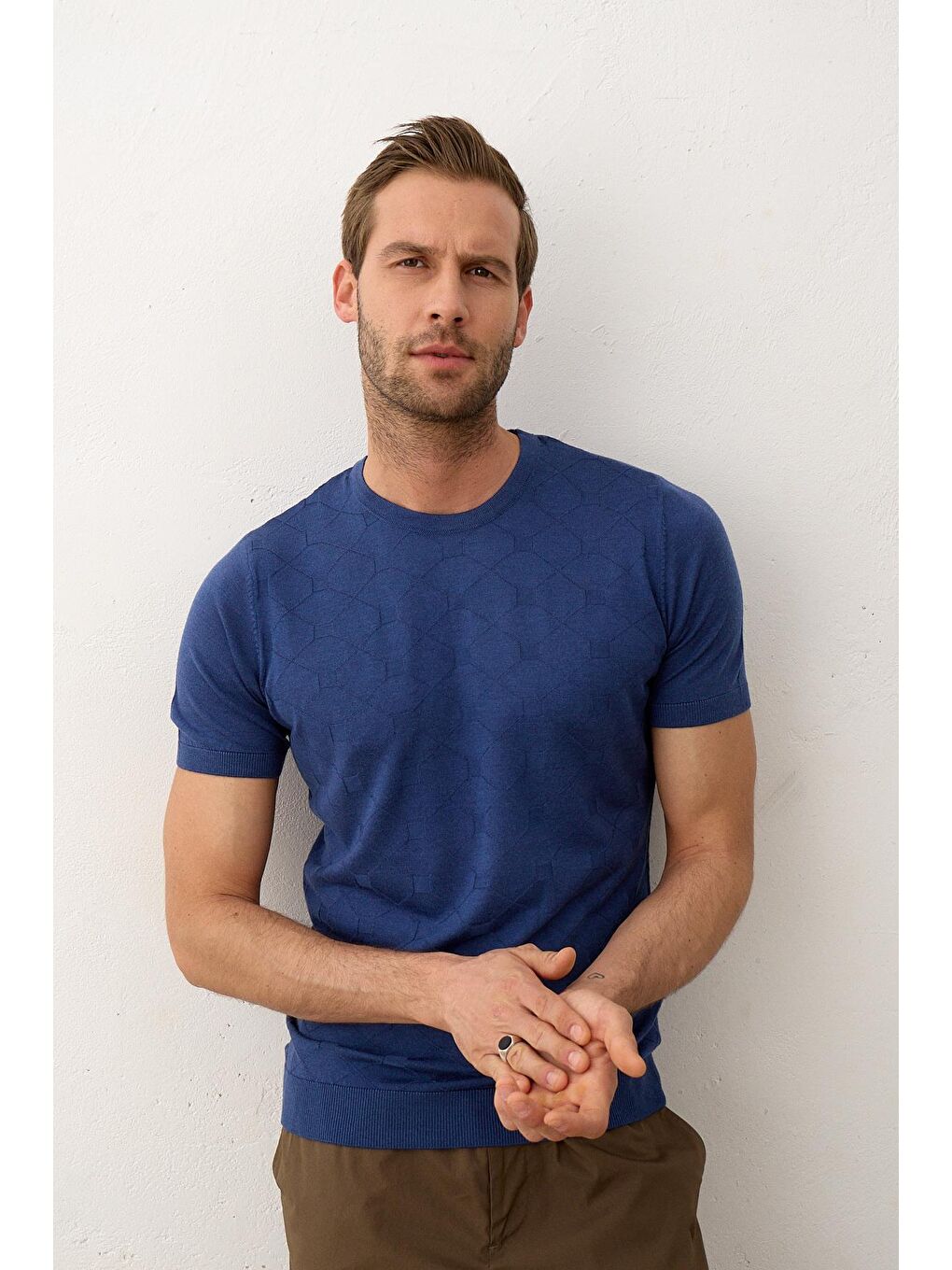 Danger Indigo Erkek Kare Desenli Slim-Fit Yazlık Triko Tişört İndigo - 4
