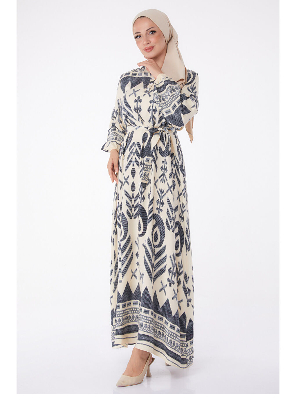 Desenli Kuşaklı Elbise Gri - 26016-1