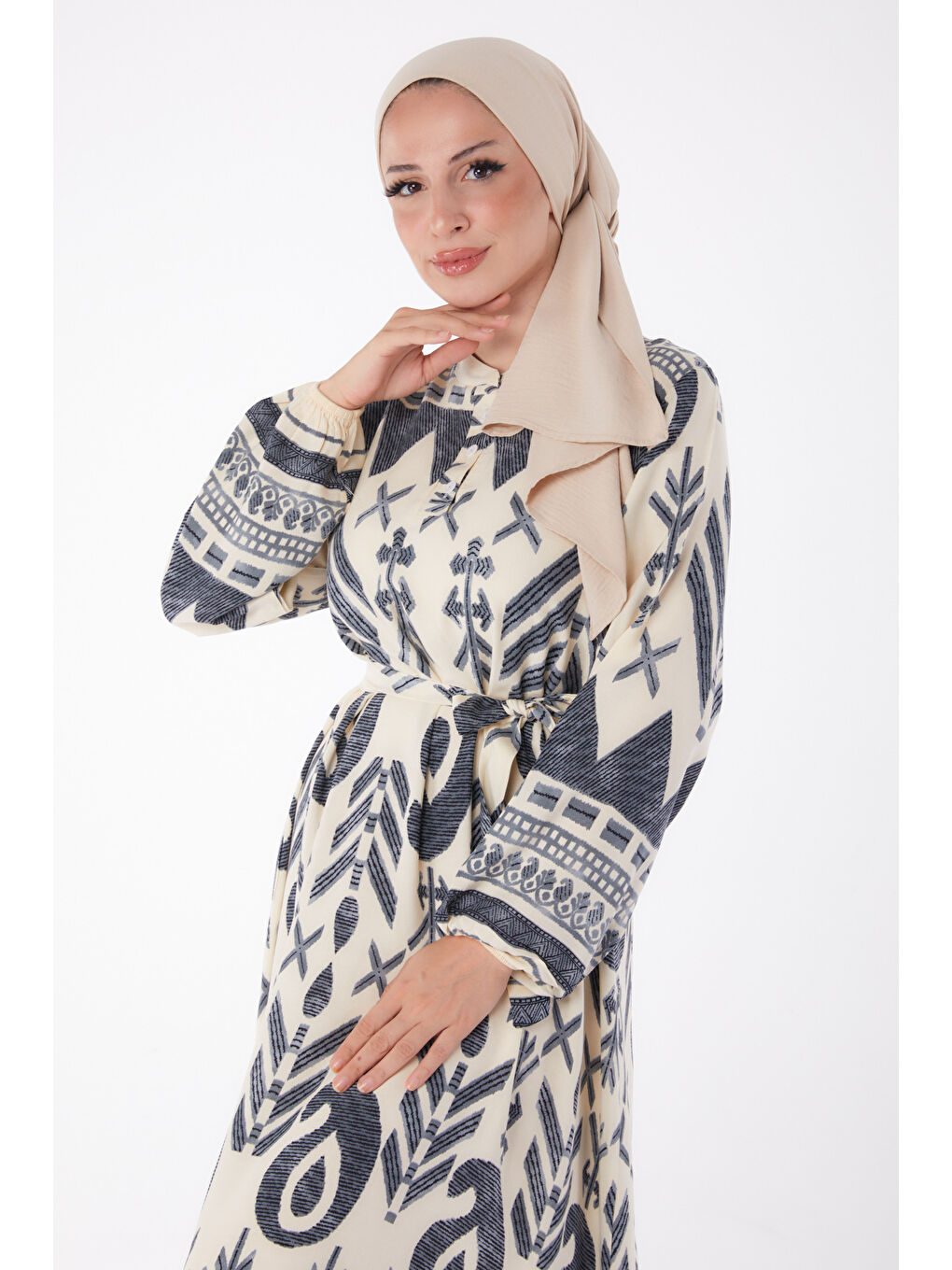 Desenli Kuşaklı Elbise Gri - 26016-2