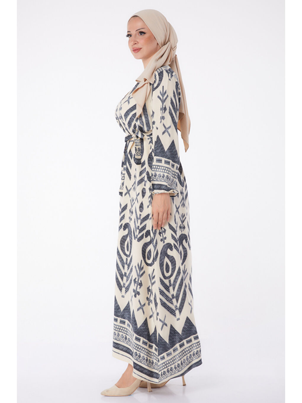 Desenli Kuşaklı Elbise Gri - 26016-3