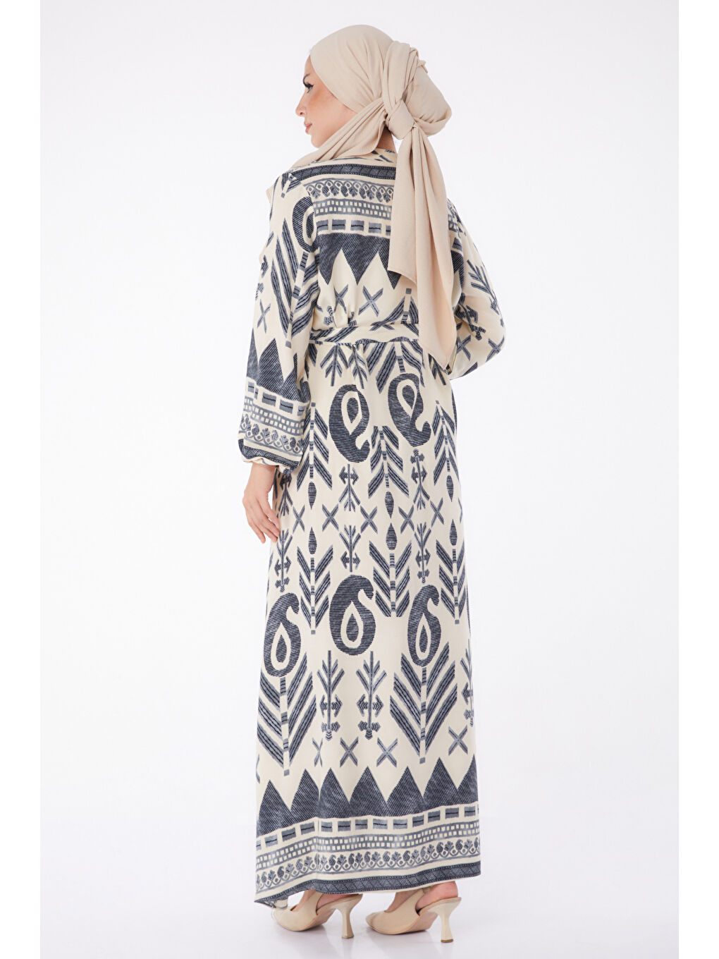 Desenli Kuşaklı Elbise Gri - 26016-4