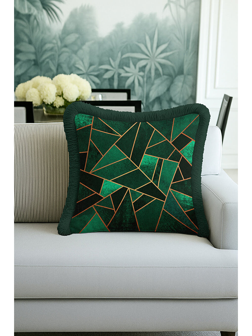 Karışık Modern Geometrik Saçaklı Yastık Kılıfı - Lüks Art Deco Zümrüt Yeşili Gold Püsküllü Kırlent Kılıfı-1