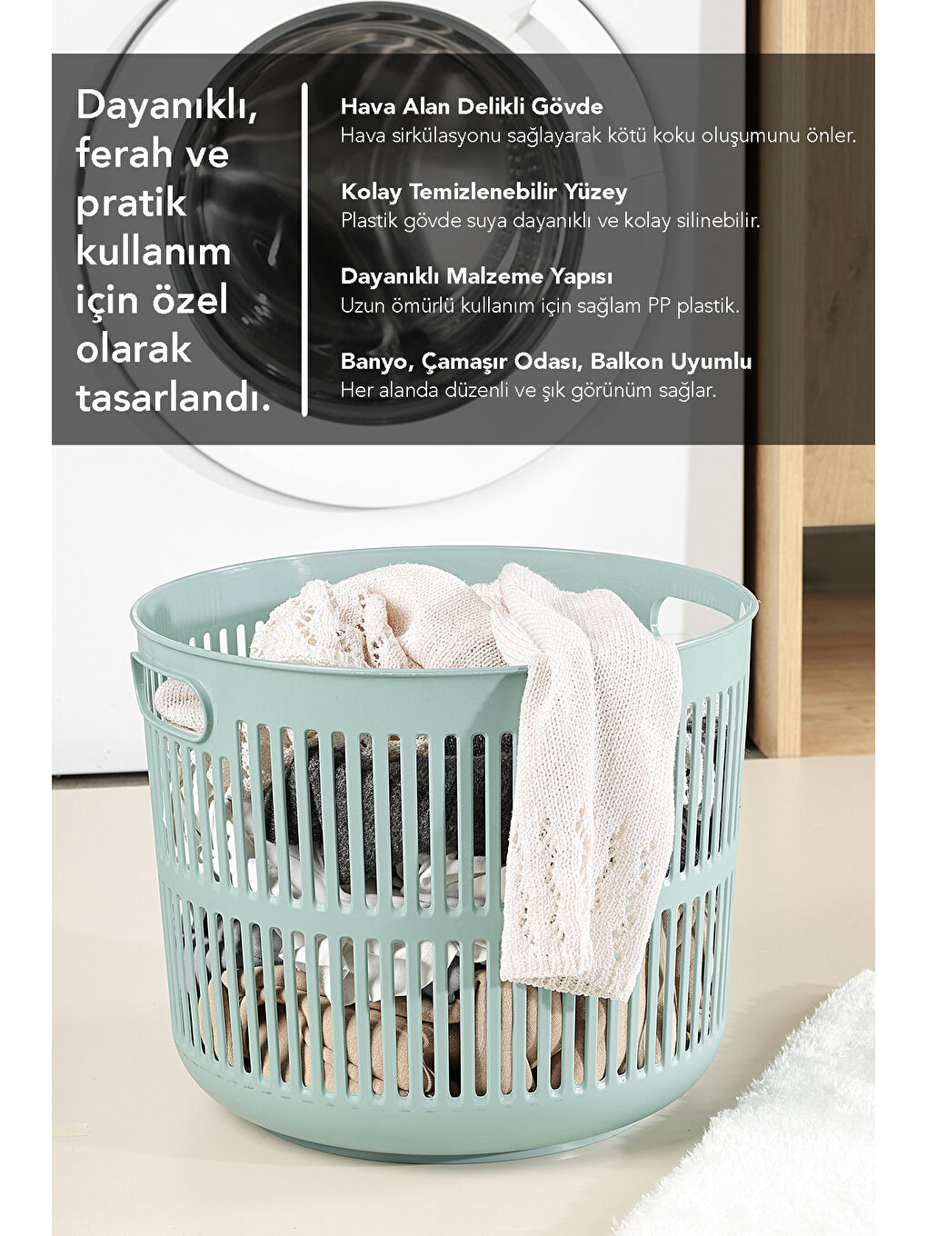 Yeşil Solara Yuvarlak Çamaşır Sepeti 22 l-4