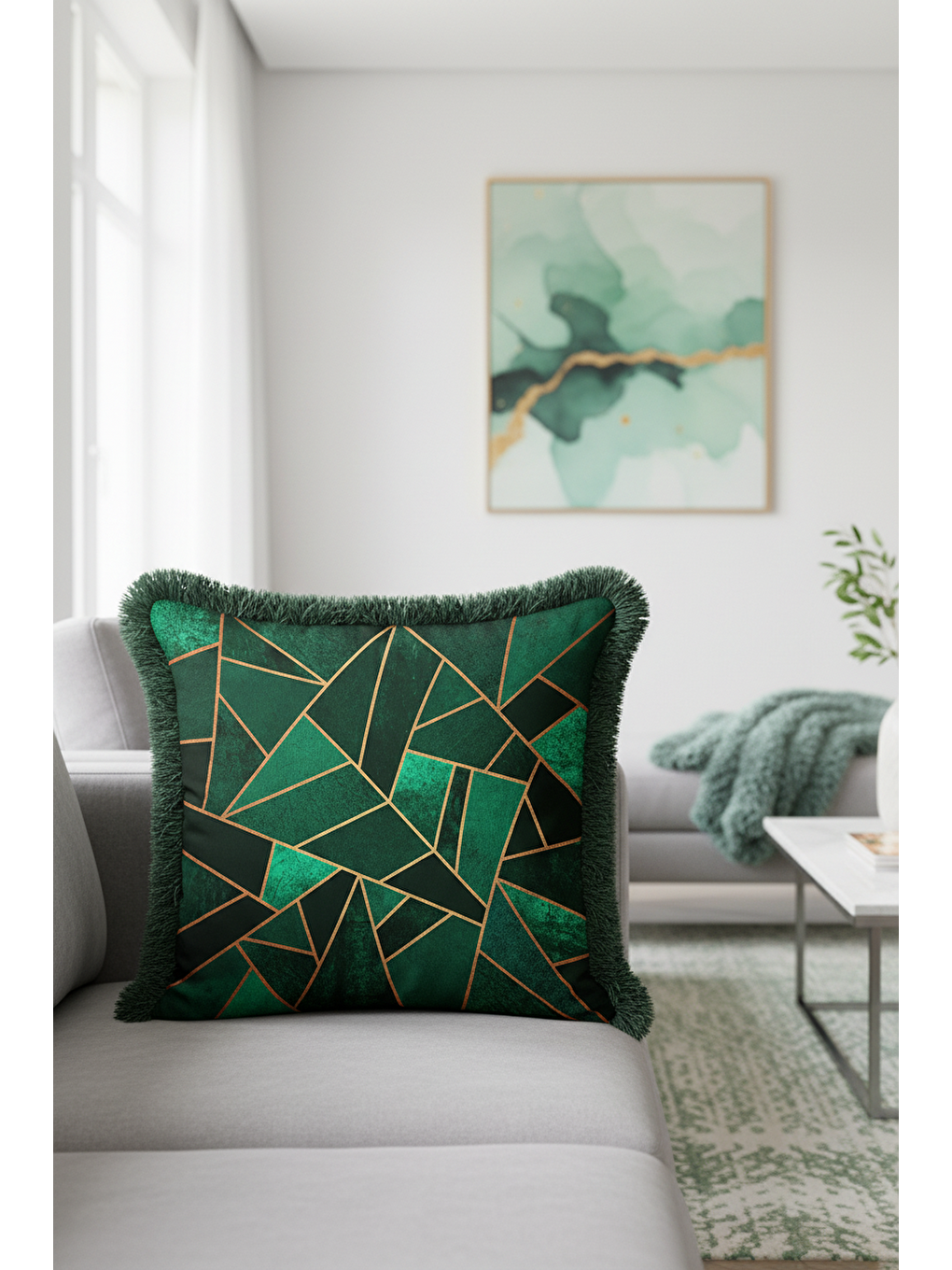 Karışık Modern Geometrik Saçaklı Yastık Kılıfı - Lüks Art Deco Zümrüt Yeşili Gold Püsküllü Kırlent Kılıfı-2
