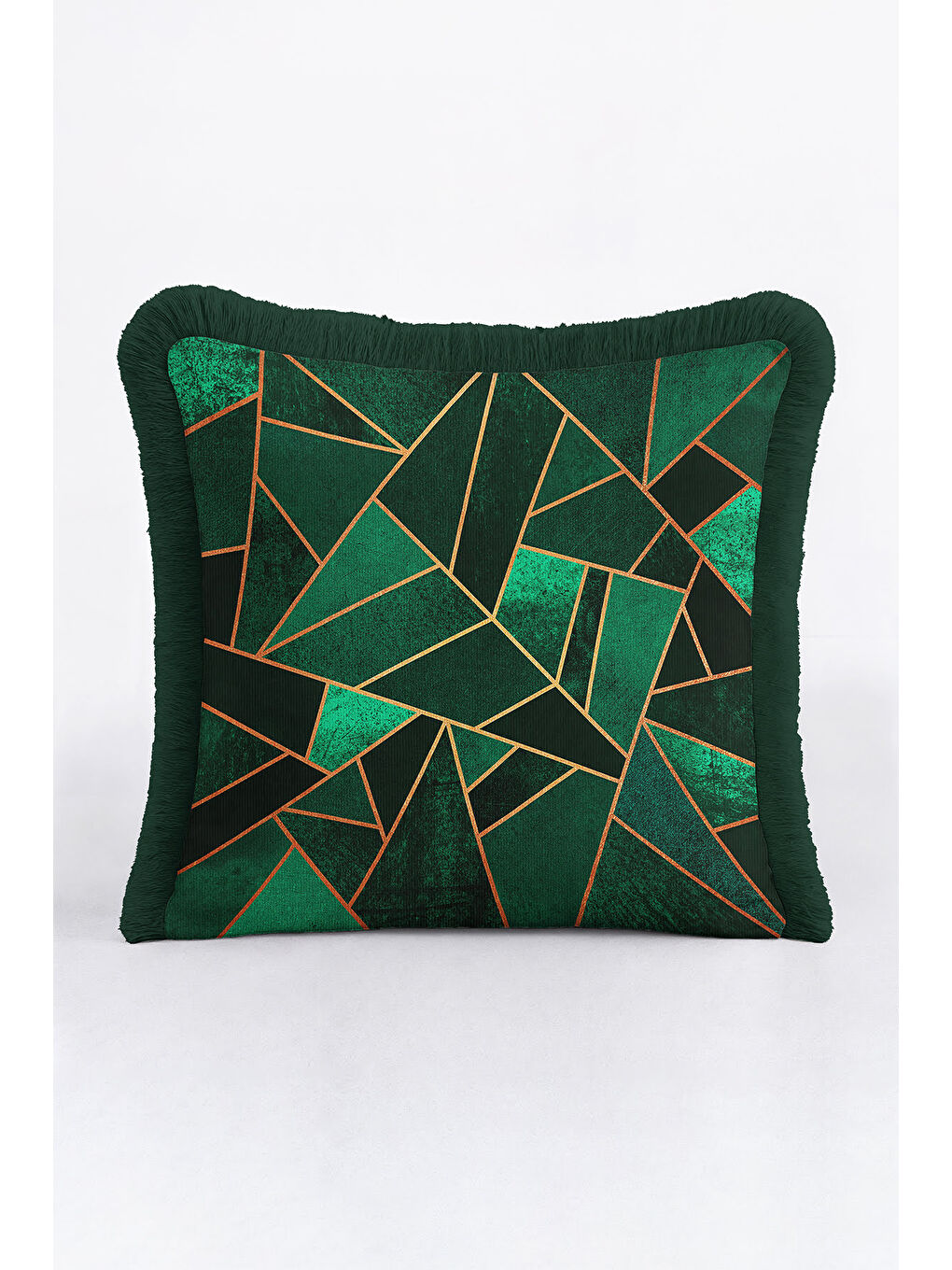Karışık Modern Geometrik Saçaklı Yastık Kılıfı - Lüks Art Deco Zümrüt Yeşili Gold Püsküllü Kırlent Kılıfı-4