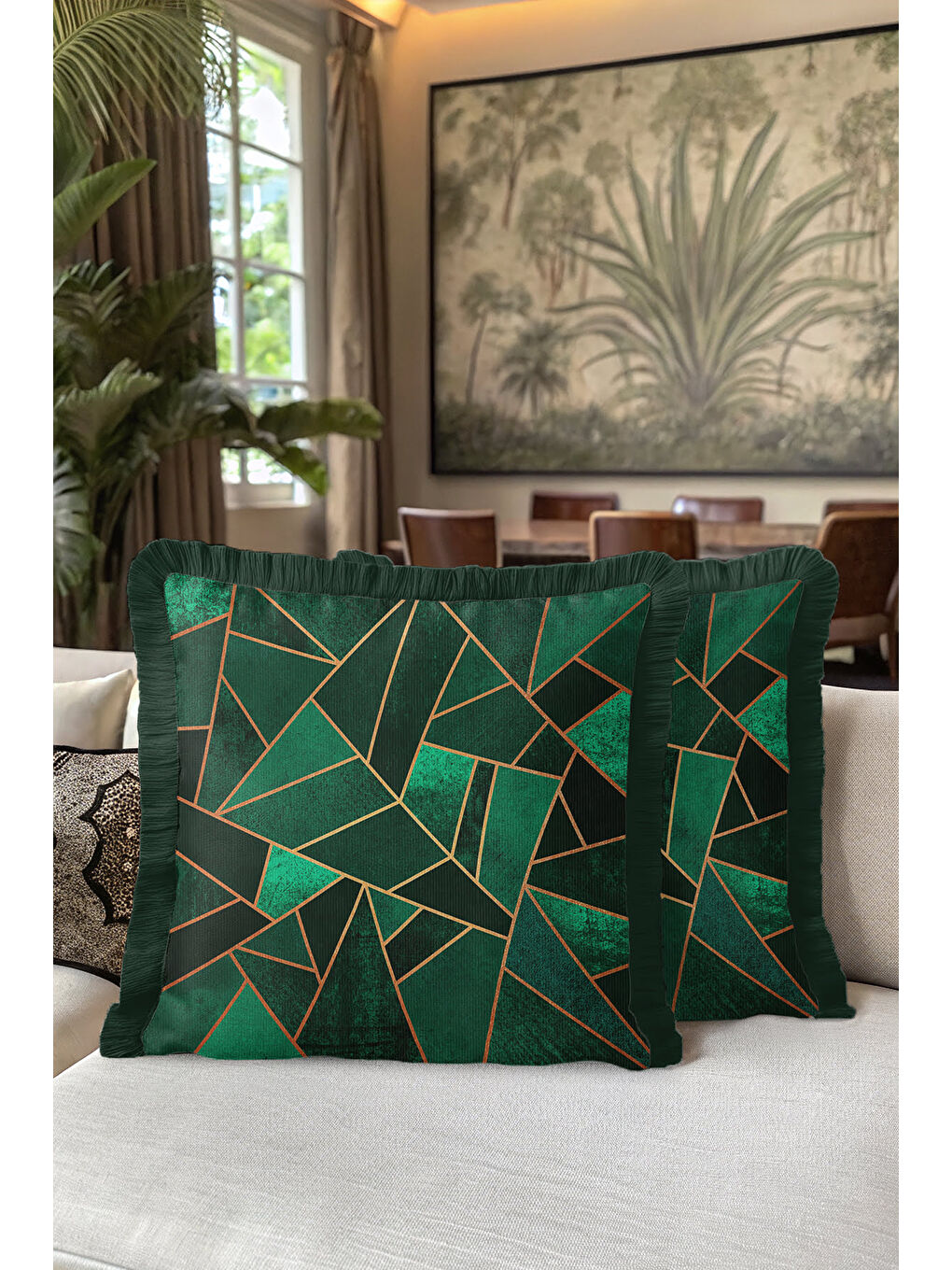 Karışık Modern Geometrik Saçaklı Yastık Kılıfı - Lüks Art Deco Zümrüt Yeşili Gold Püsküllü Kırlent Kılıfı-5