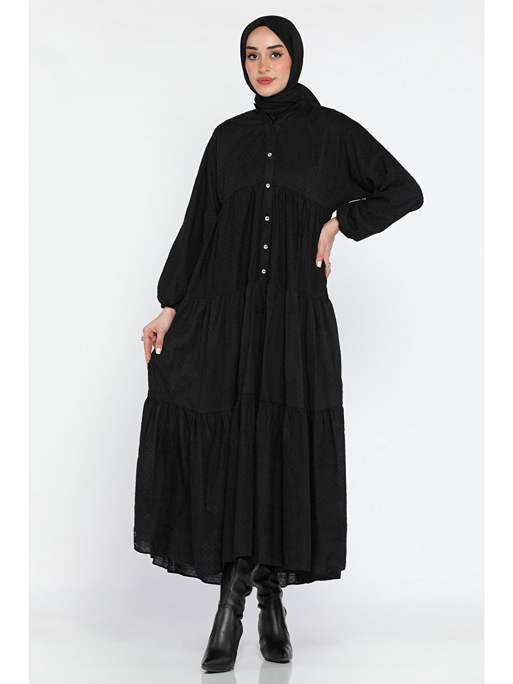Siyah Kadın Ön Düğmeli Bilek Lastikli Fırfırlı Tesettür Elbise-1