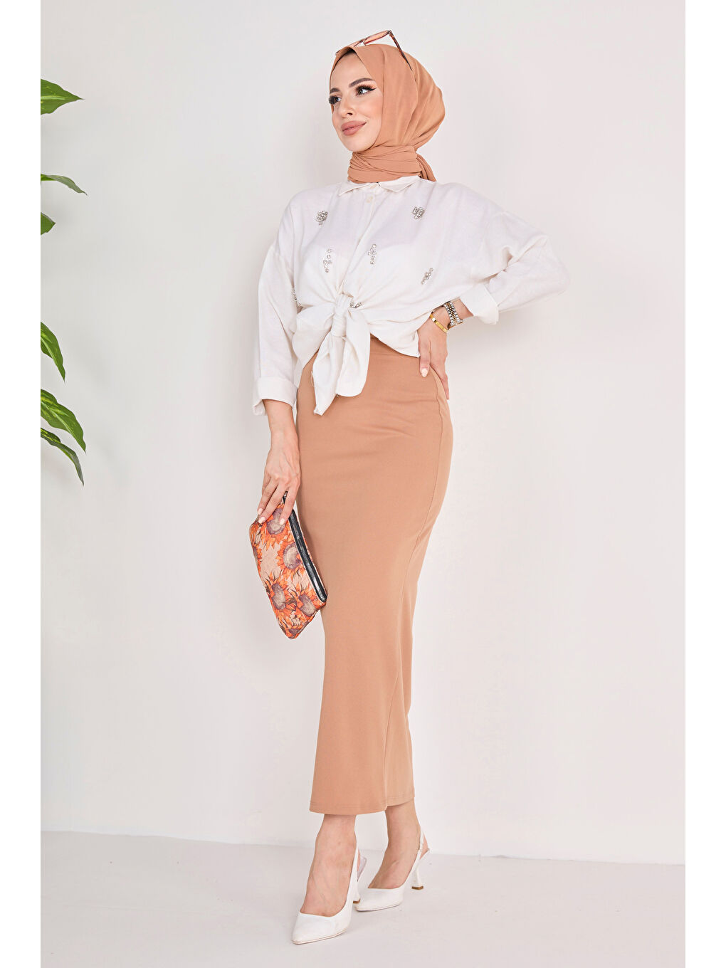 Kahverengi Orta Kadın Taba Kalem Etek - 23054-1