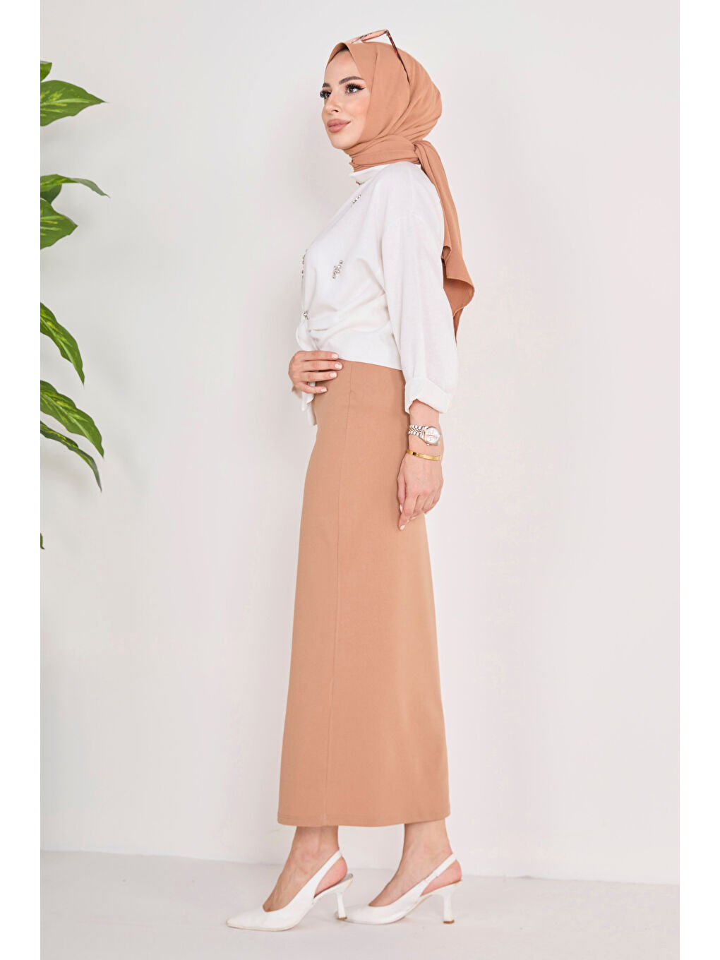 Kahverengi Orta Kadın Taba Kalem Etek - 23054-4