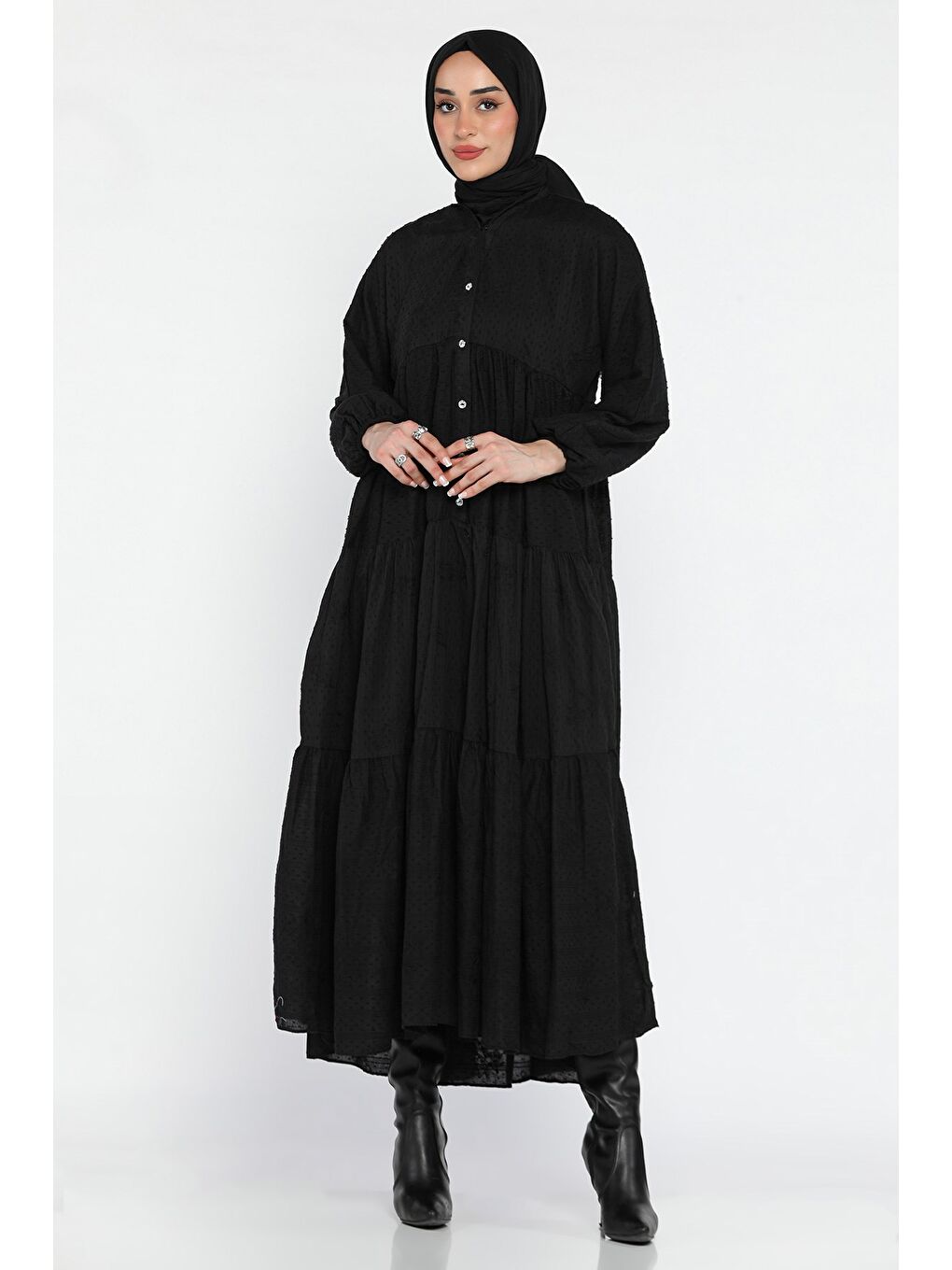 Siyah Kadın Ön Düğmeli Bilek Lastikli Fırfırlı Tesettür Elbise-3