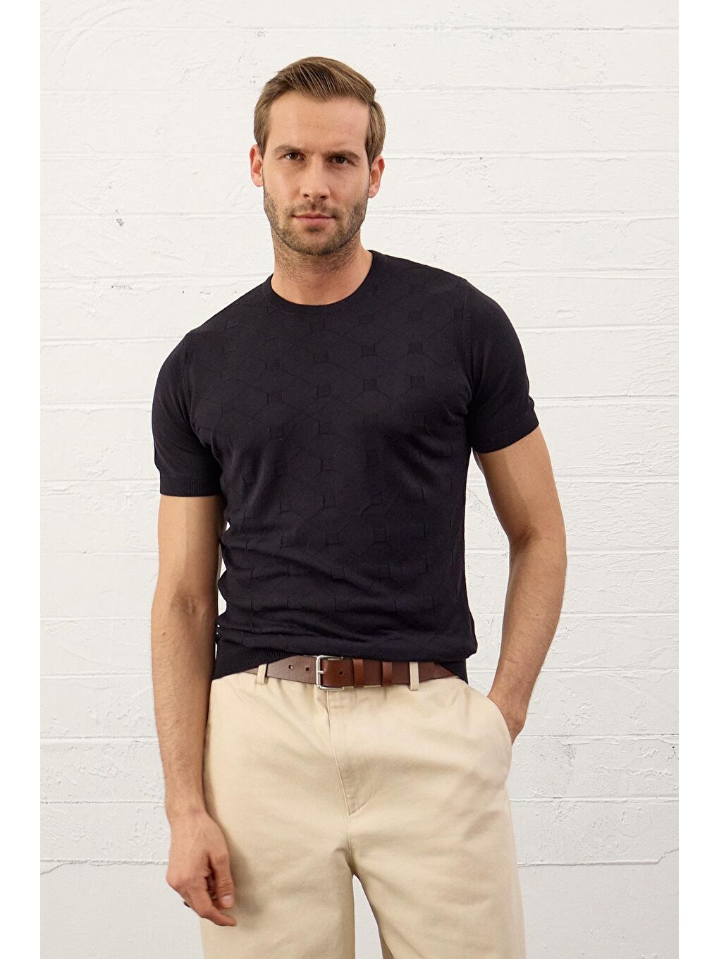 Danger Erkek Kare Desenli Slim-Fit Yazlık Triko Tişört Koyu Lacivert
