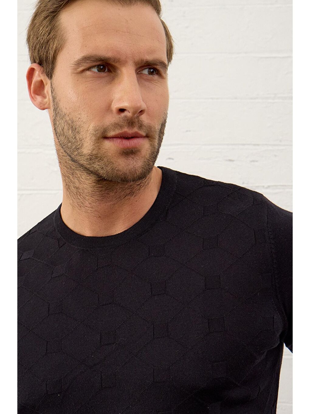 Danger Erkek Kare Desenli Slim-Fit Yazlık Triko Tişört Koyu Lacivert - 1