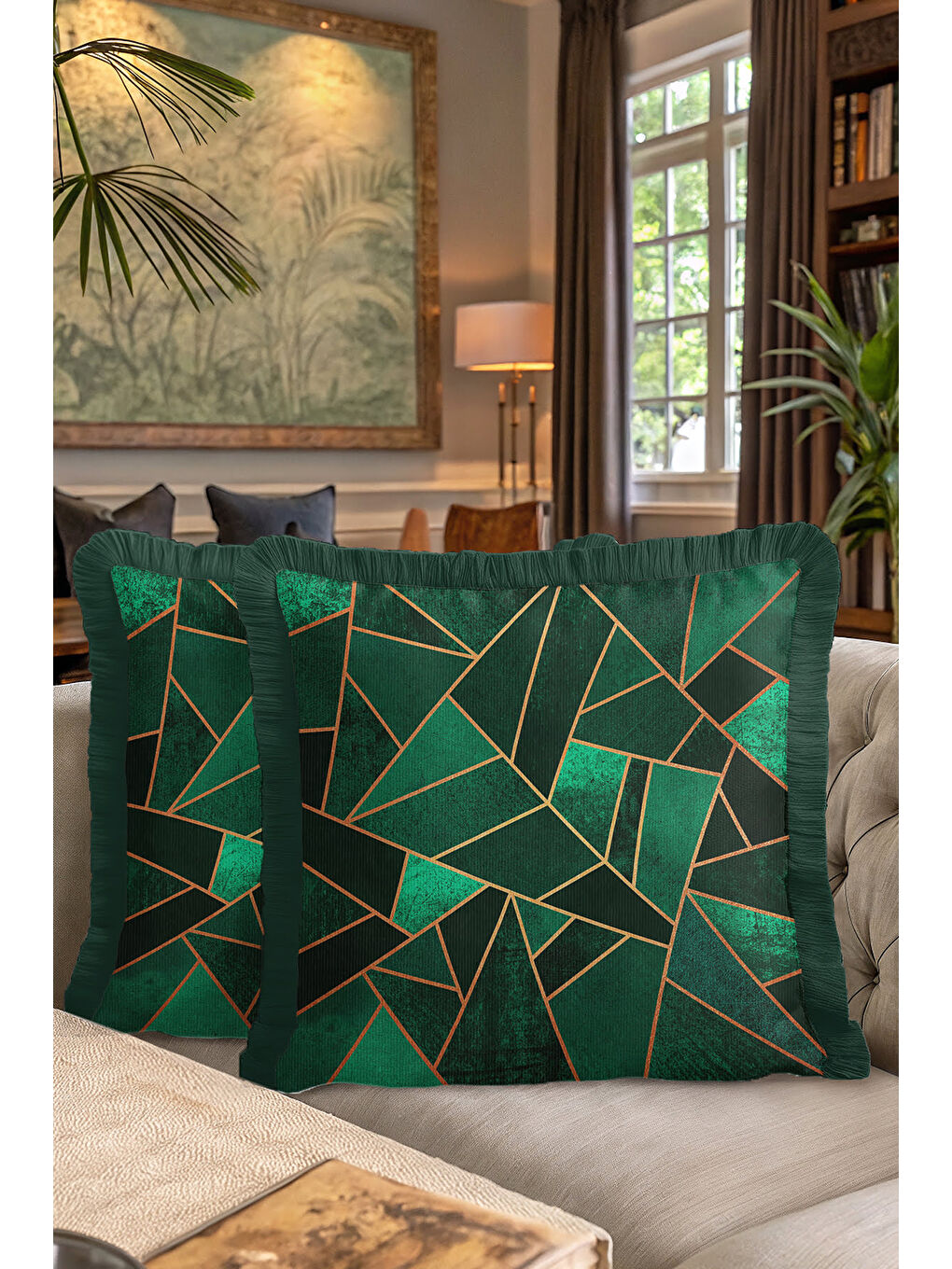 Karışık Modern Geometrik Saçaklı Yastık Kılıfı - Lüks Art Deco Zümrüt Yeşili Gold Püsküllü Kırlent Kılıfı-7