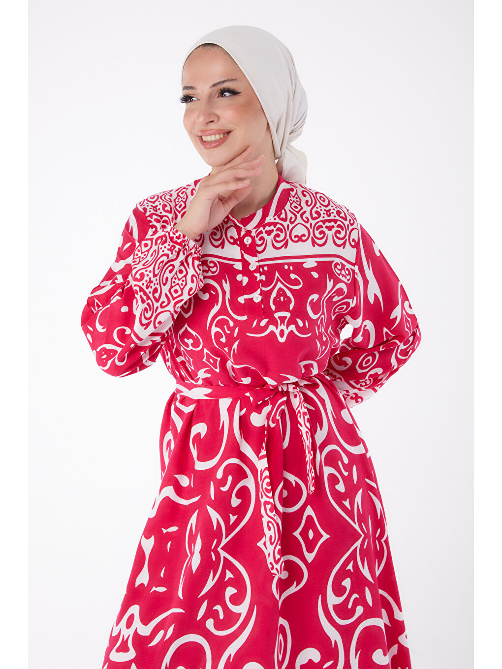 Fuşya Desenli Kuşaklı Elbise Fusya - 26014