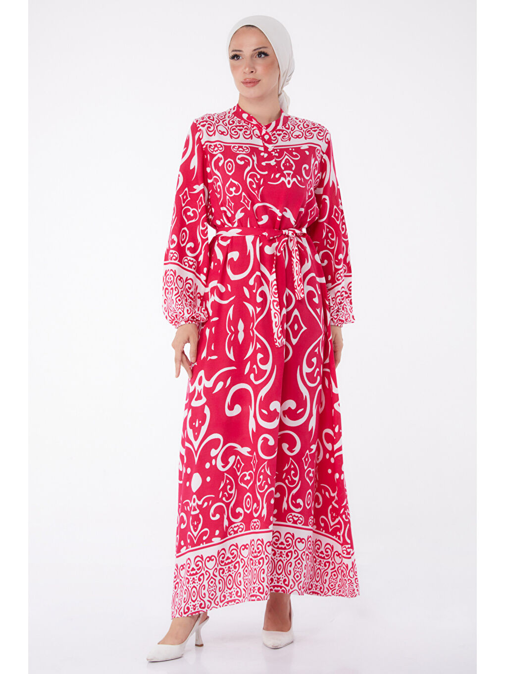 Fuşya Desenli Kuşaklı Elbise Fusya - 26014-2
