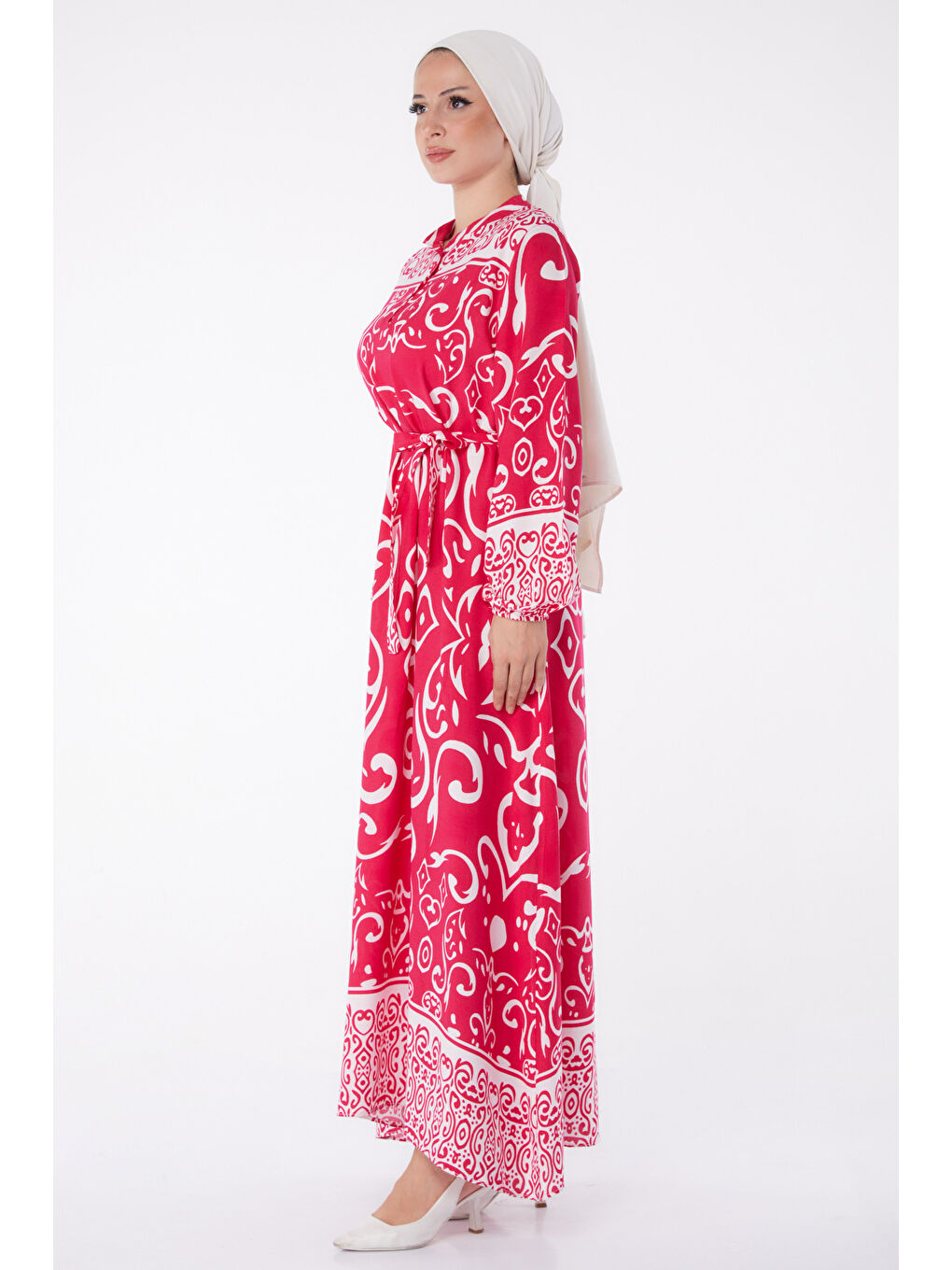 Fuşya Desenli Kuşaklı Elbise Fusya - 26014-3