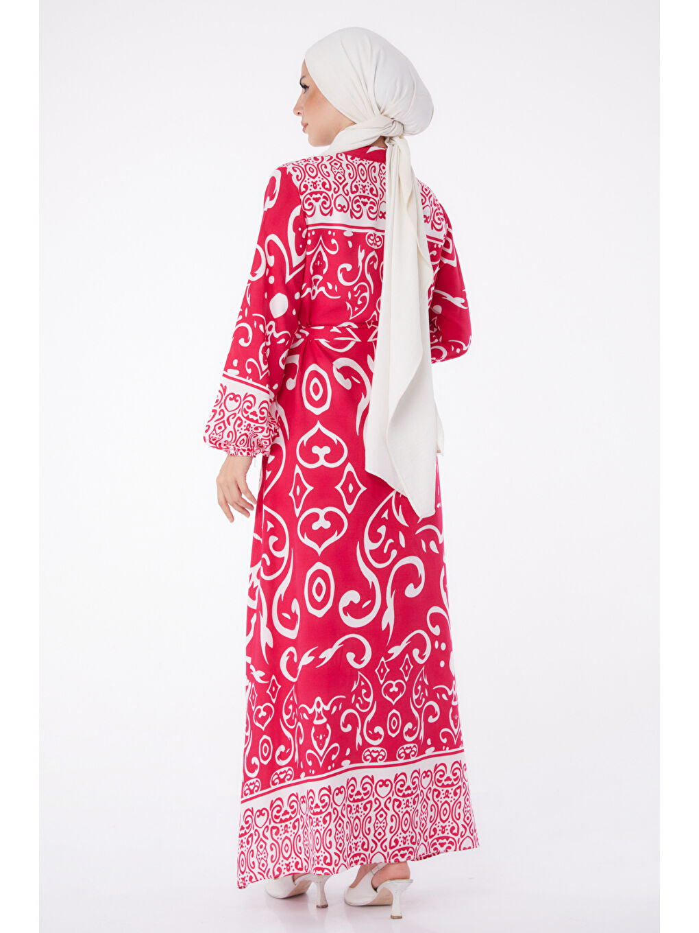 Fuşya Desenli Kuşaklı Elbise Fusya - 26014-4