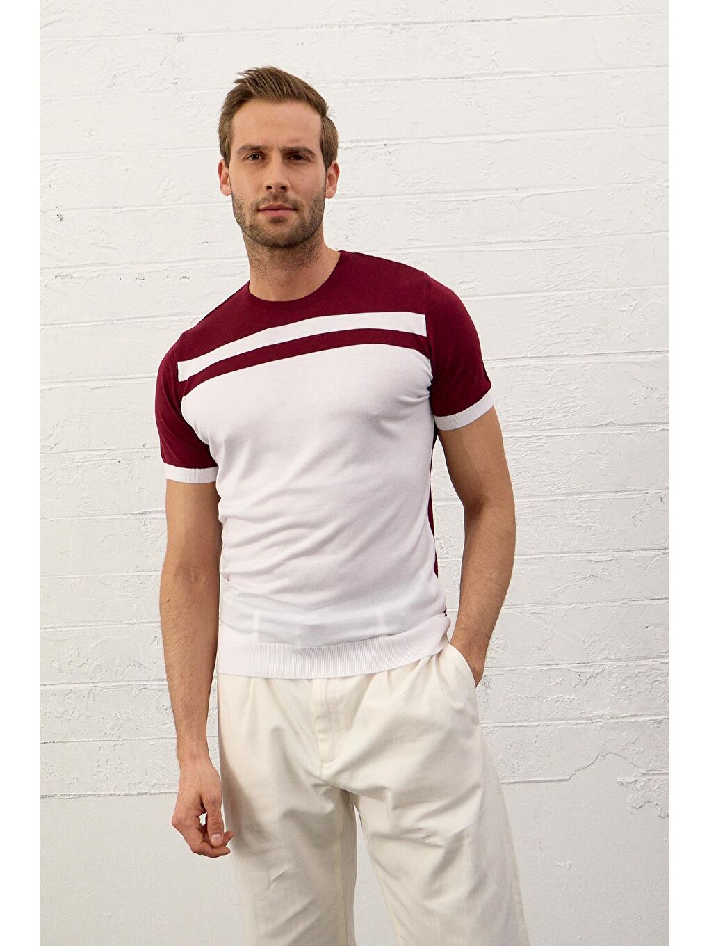 Danger Erkek Renkli Slim-Fit Yazlık Triko Tişört  Bordo - 2