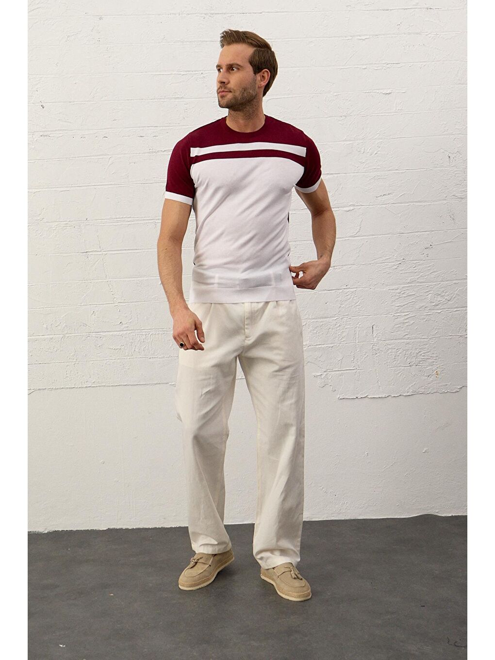 Danger Erkek Renkli Slim-Fit Yazlık Triko Tişört  Bordo - 4