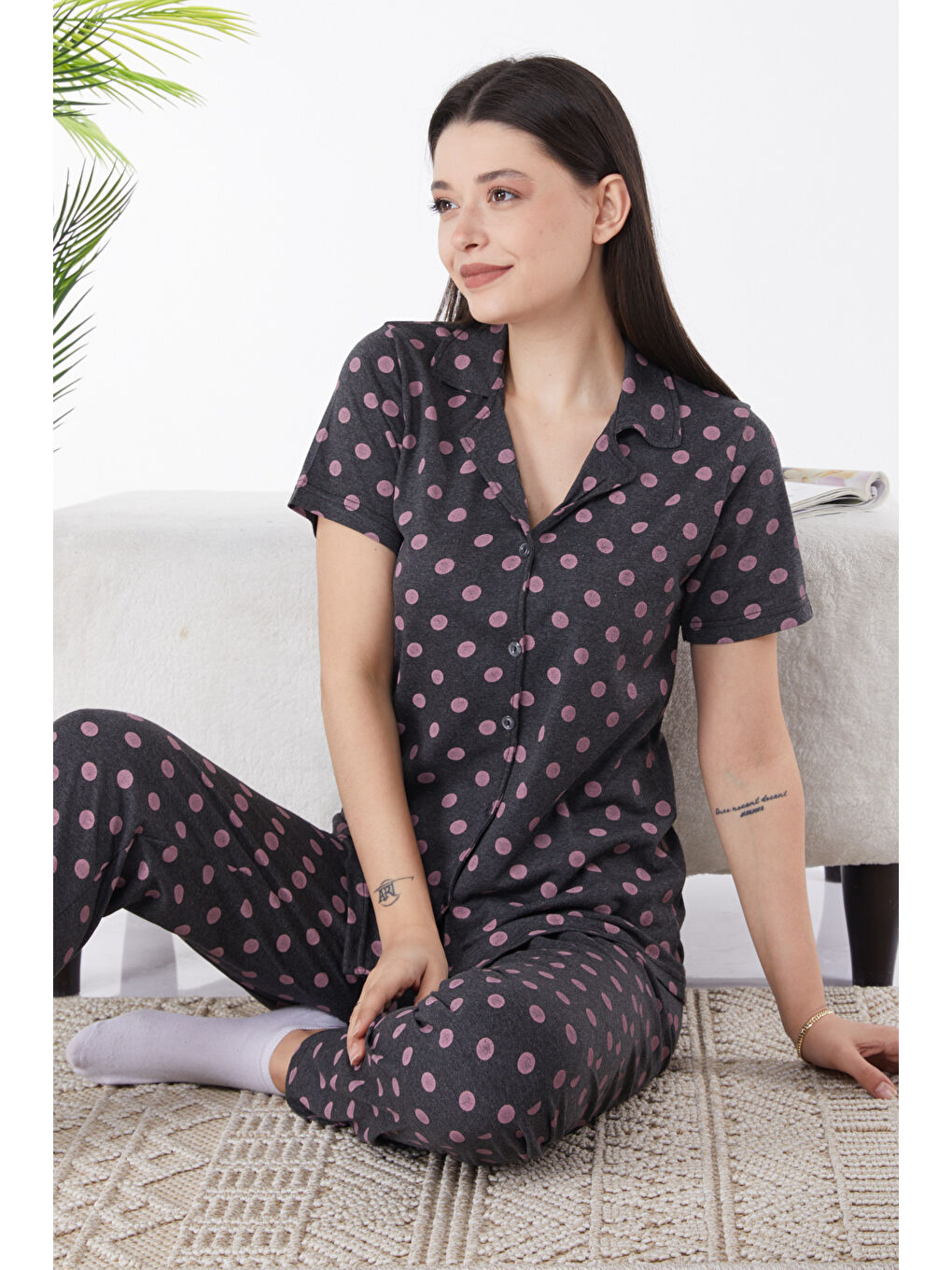 Gömlek Yaka Kadın Antrasit Pijama Takımı - 25268