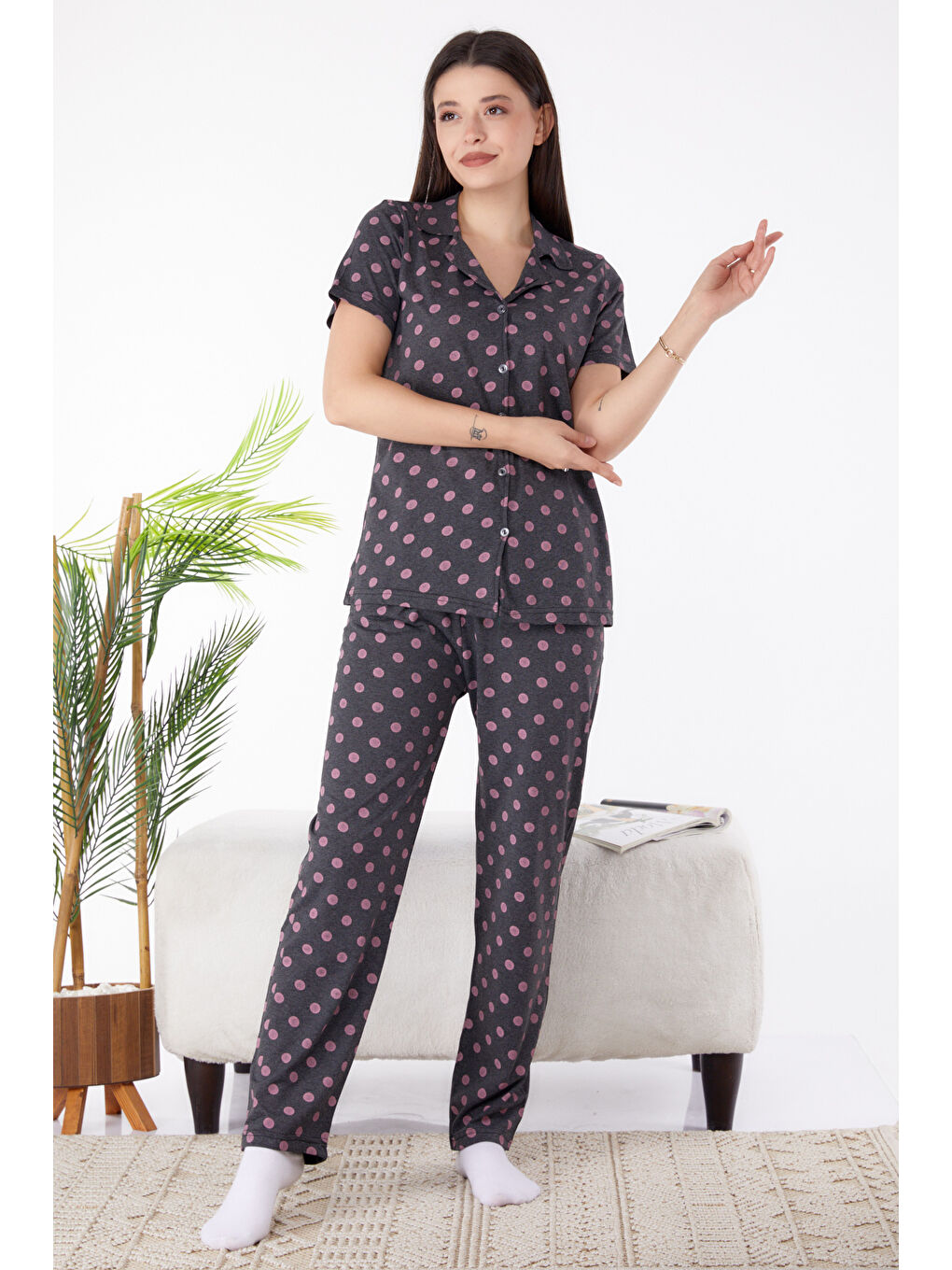 Gömlek Yaka Kadın Antrasit Pijama Takımı - 25268-1