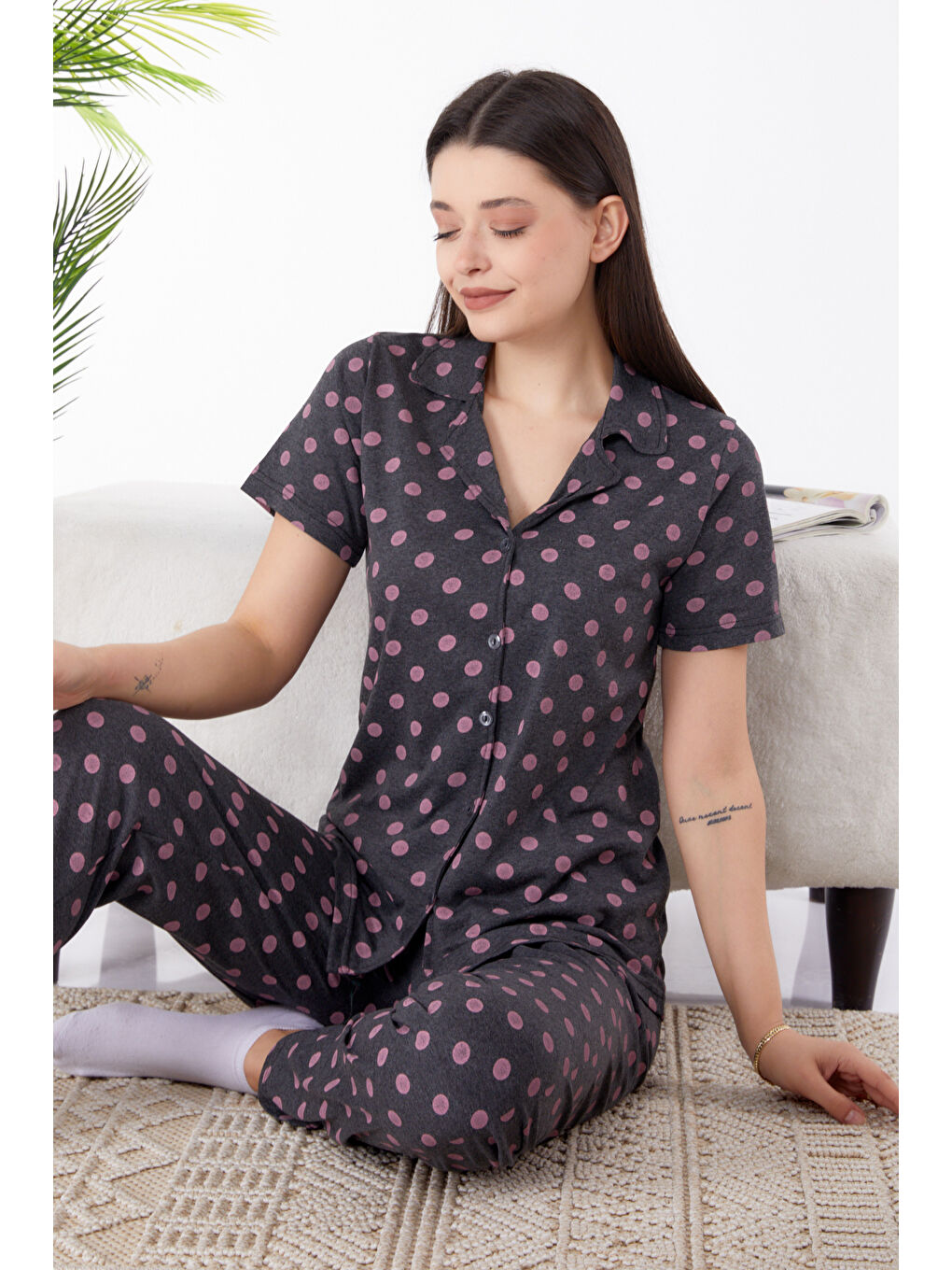 Gömlek Yaka Kadın Antrasit Pijama Takımı - 25268-2