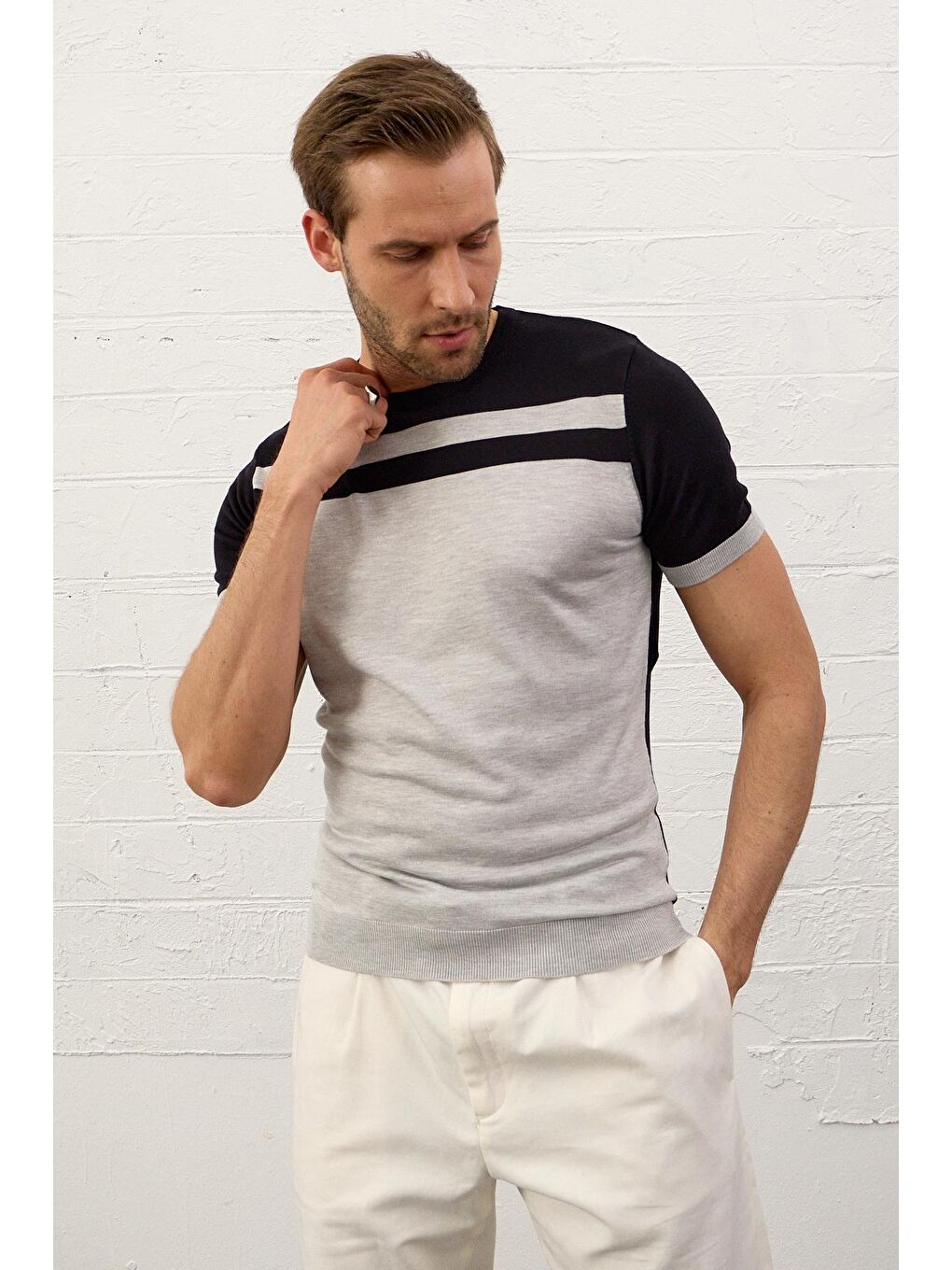 Erkek Renkli Slim-Fit Yazlık Triko Tişört Koyu Lacivert-2