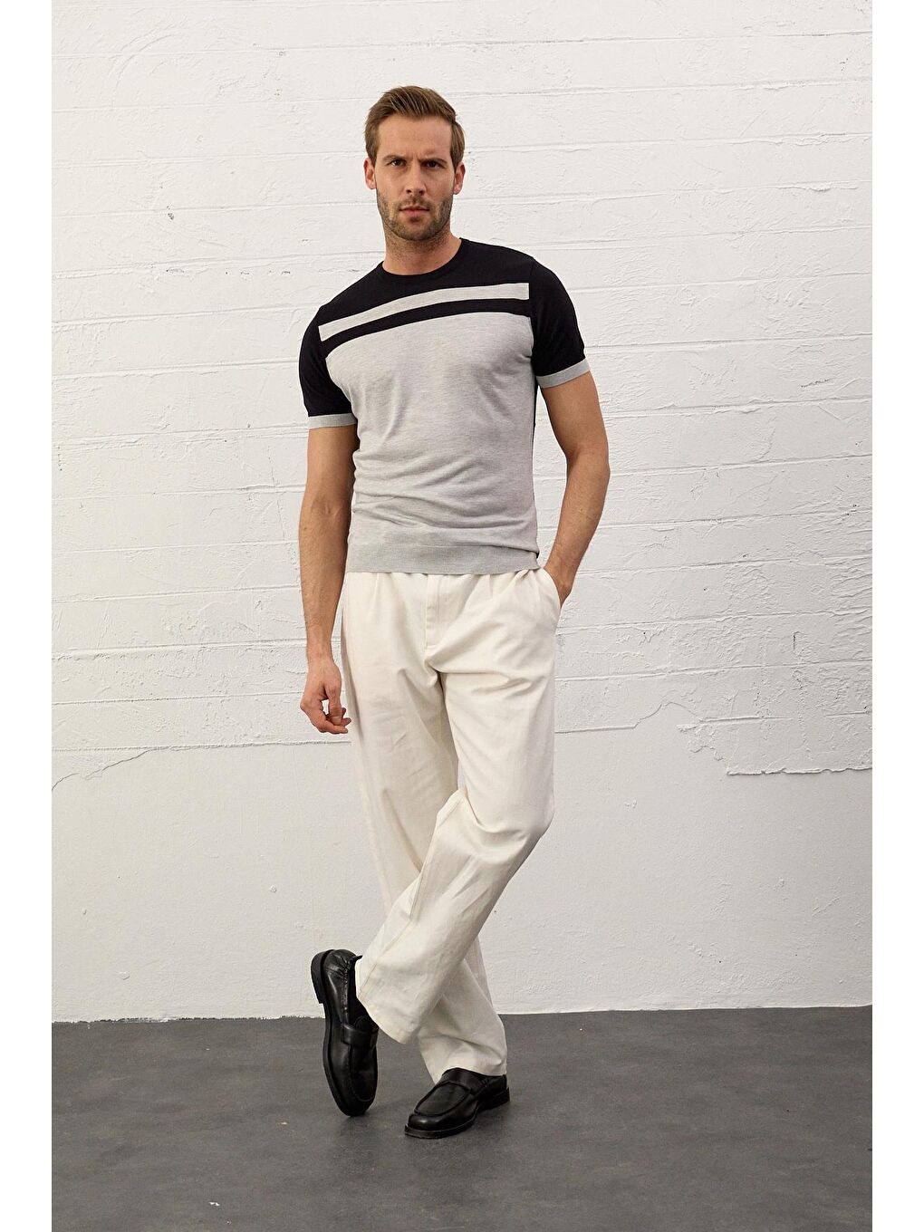 Erkek Renkli Slim-Fit Yazlık Triko Tişört Koyu Lacivert-3