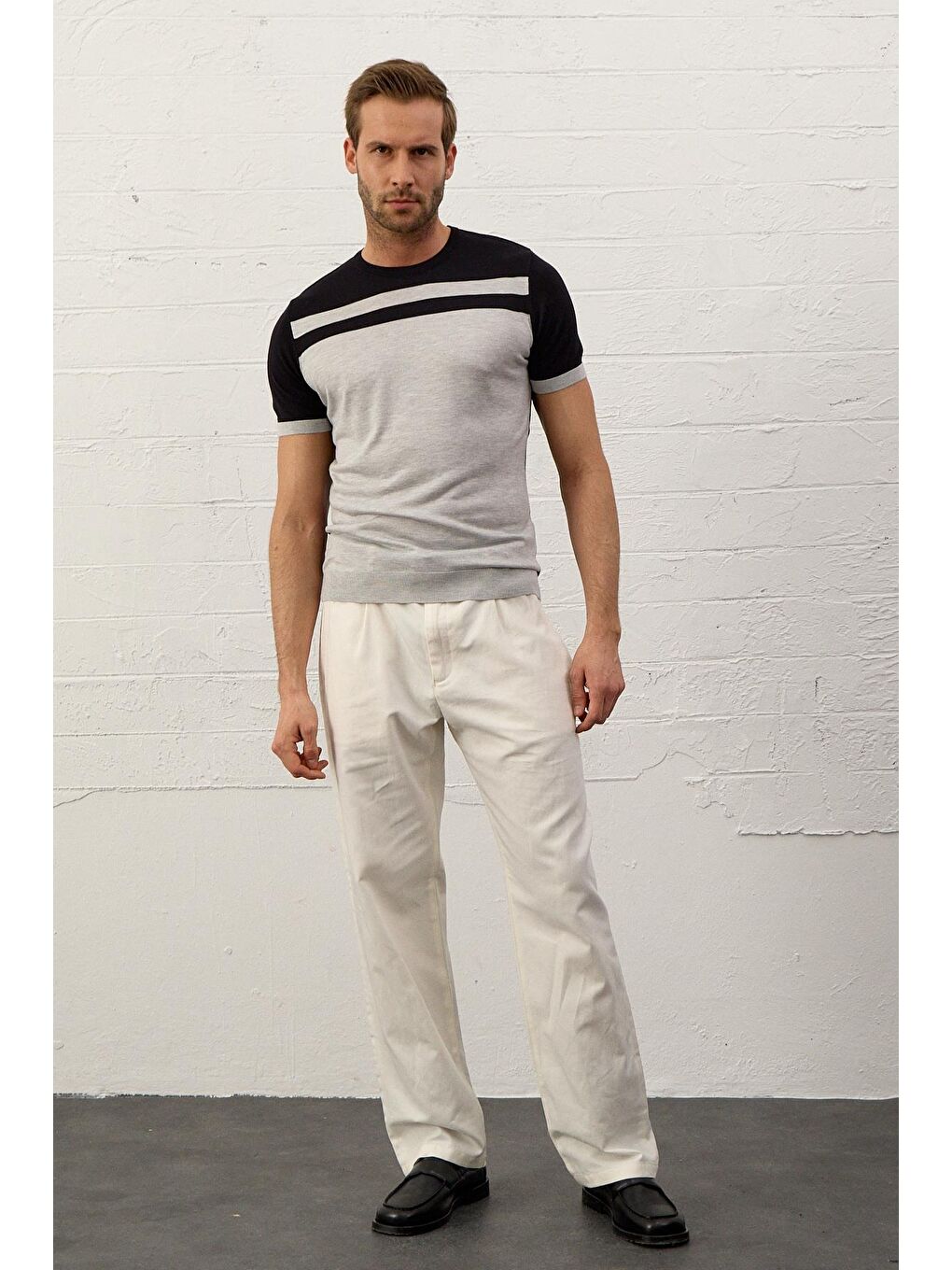 Erkek Renkli Slim-Fit Yazlık Triko Tişört Koyu Lacivert-4