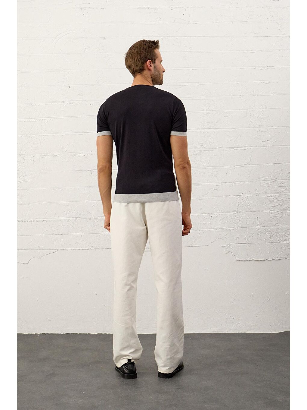 Erkek Renkli Slim-Fit Yazlık Triko Tişört Koyu Lacivert-5