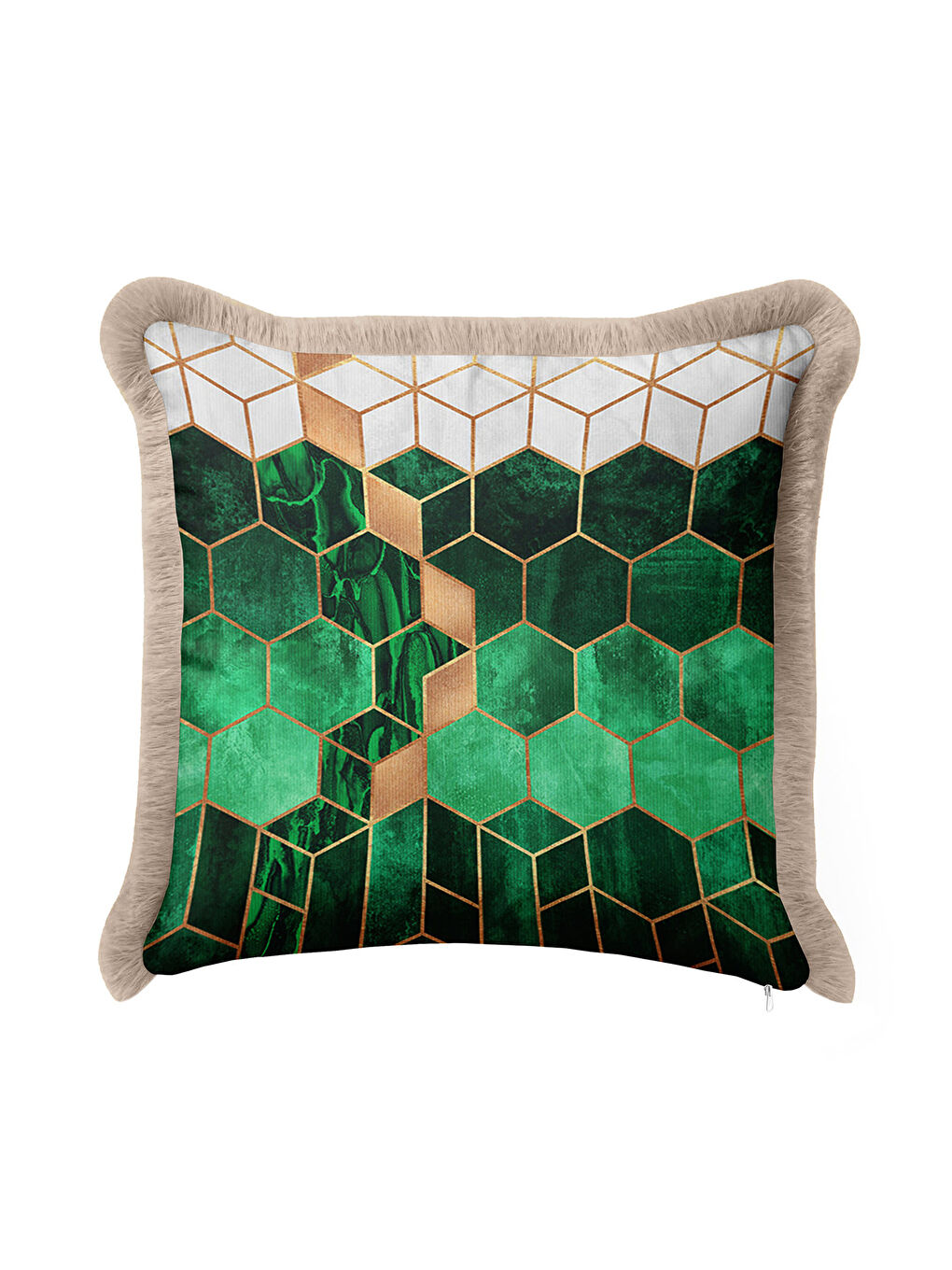 Karışık Mermer Gold Renk Geometrik Saçaklı Yastık Kılıfı - Modern Zümrüt Yeşil Bej Püsküllü Kırlent Kılıfı