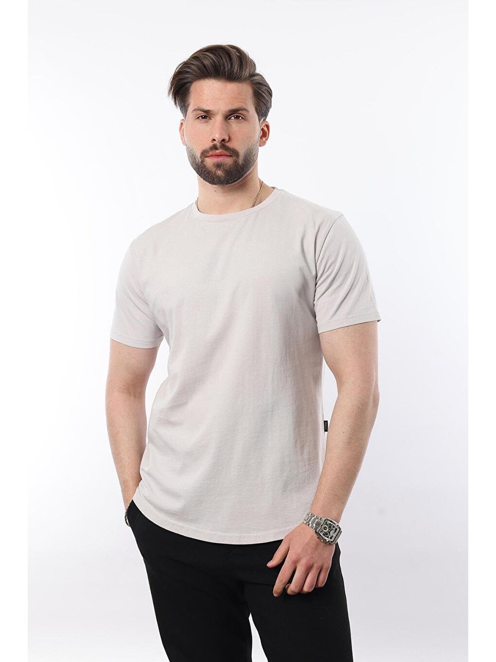 Bej Taş Rengi Erkek %100 Pamuk Tişört 4951-1