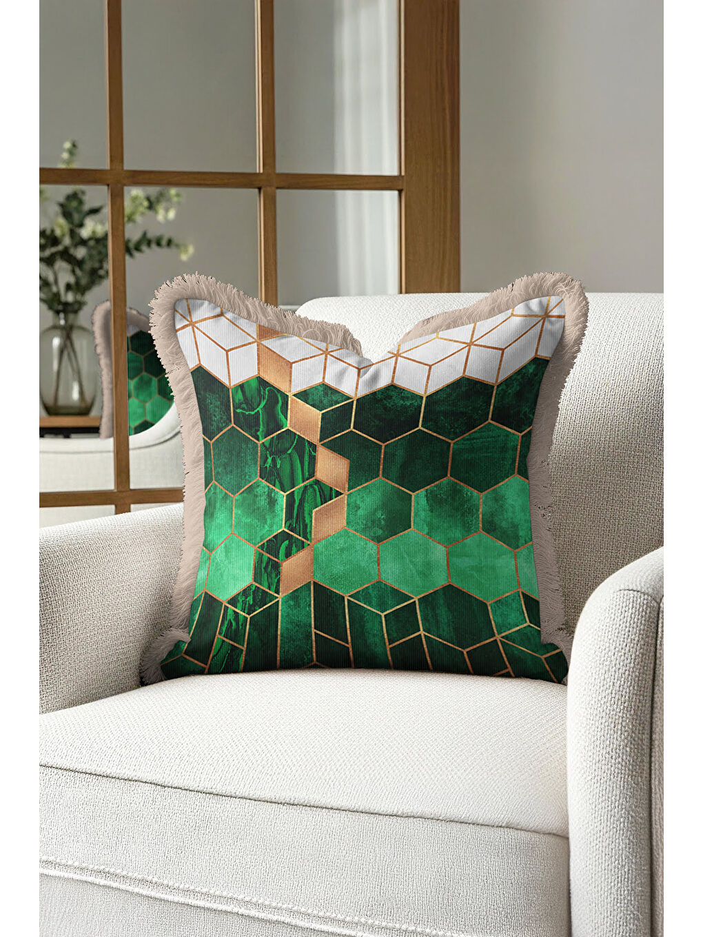 Karışık Mermer Gold Renk Geometrik Saçaklı Yastık Kılıfı - Modern Zümrüt Yeşil Bej Püsküllü Kırlent Kılıfı-1