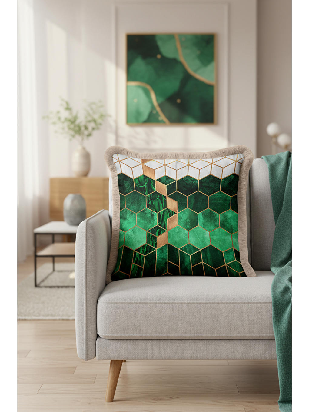 Karışık Mermer Gold Renk Geometrik Saçaklı Yastık Kılıfı - Modern Zümrüt Yeşil Bej Püsküllü Kırlent Kılıfı-2