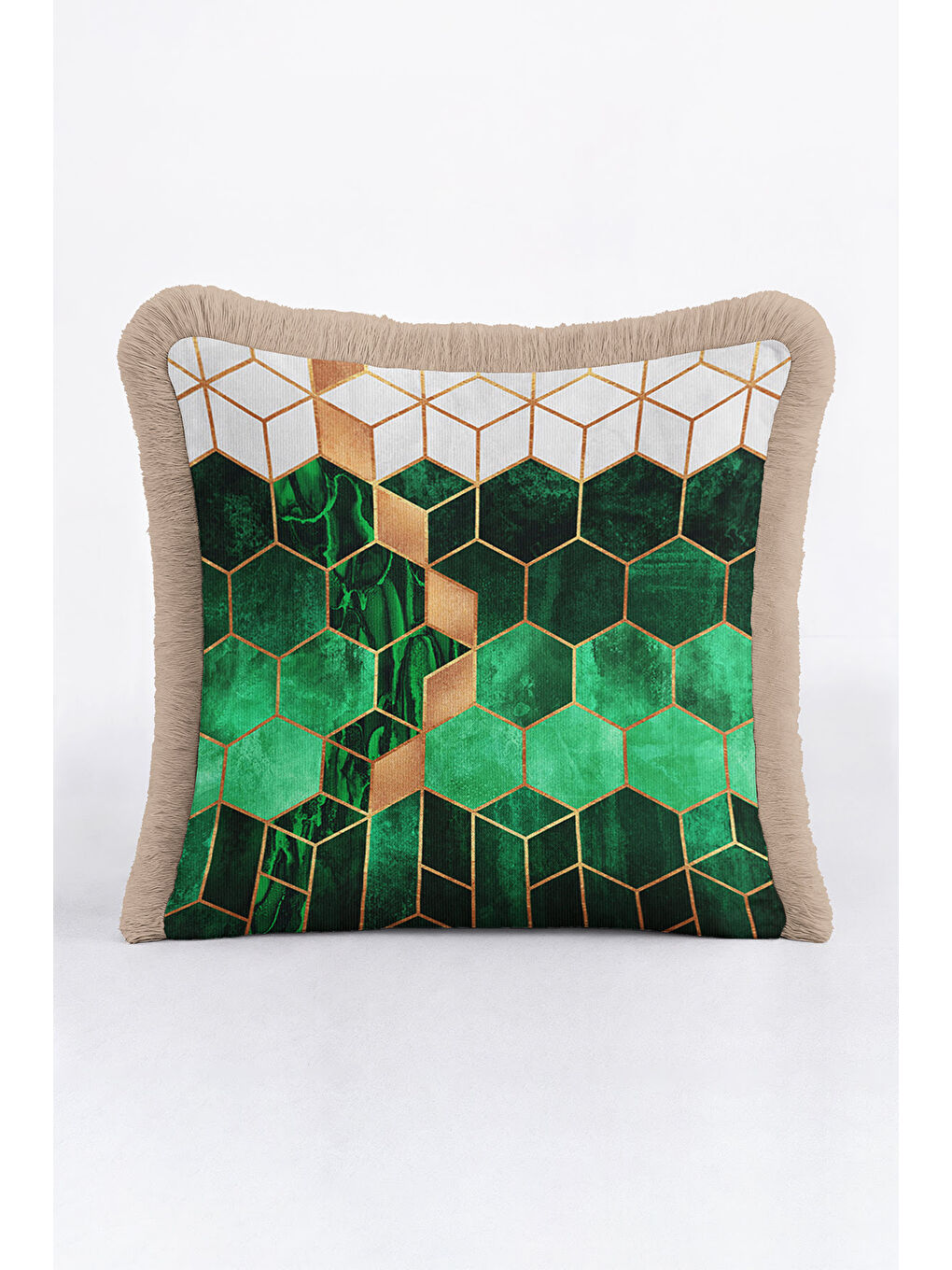 Karışık Mermer Gold Renk Geometrik Saçaklı Yastık Kılıfı - Modern Zümrüt Yeşil Bej Püsküllü Kırlent Kılıfı-3