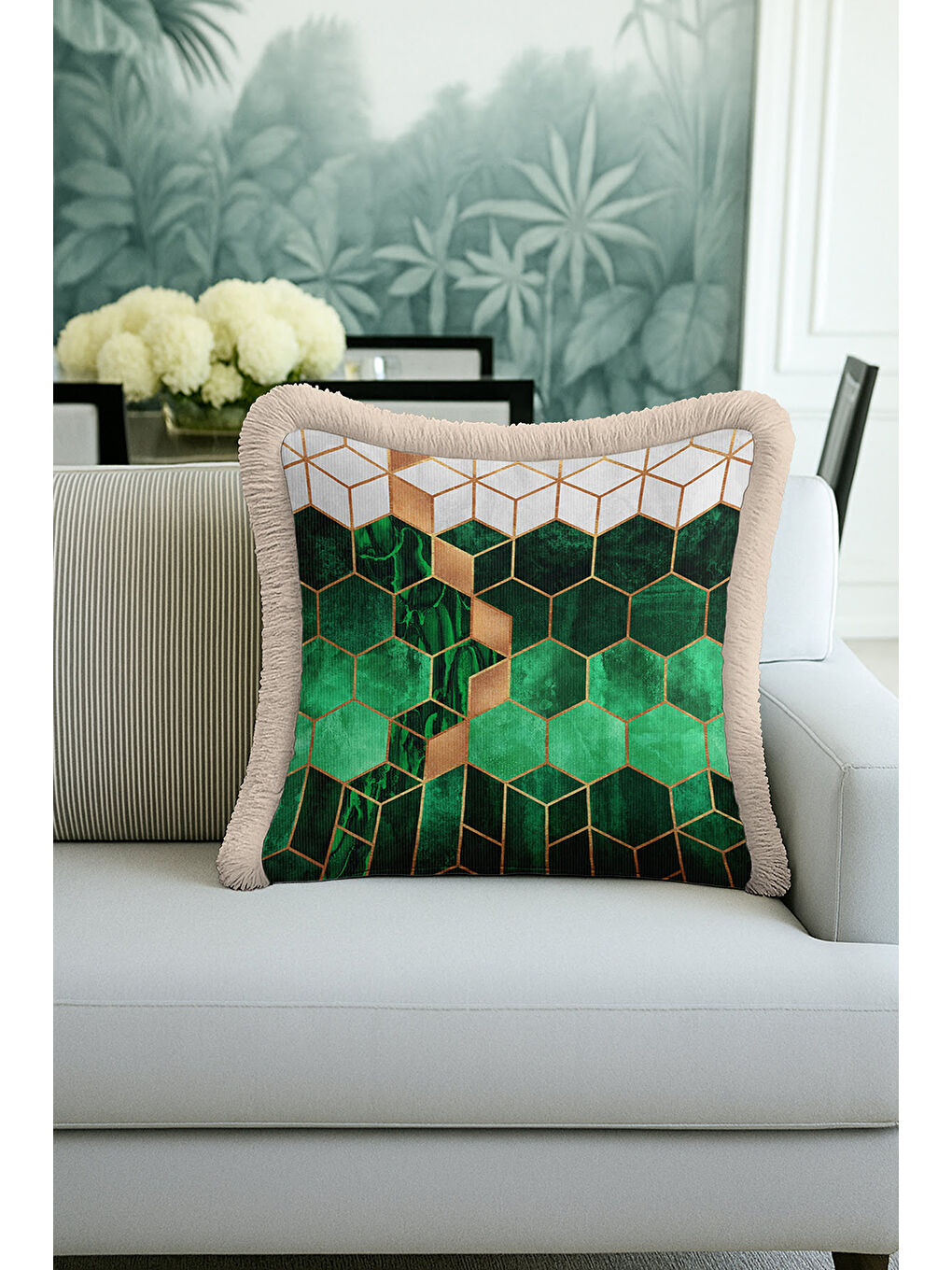 Karışık Mermer Gold Renk Geometrik Saçaklı Yastık Kılıfı - Modern Zümrüt Yeşil Bej Püsküllü Kırlent Kılıfı-4