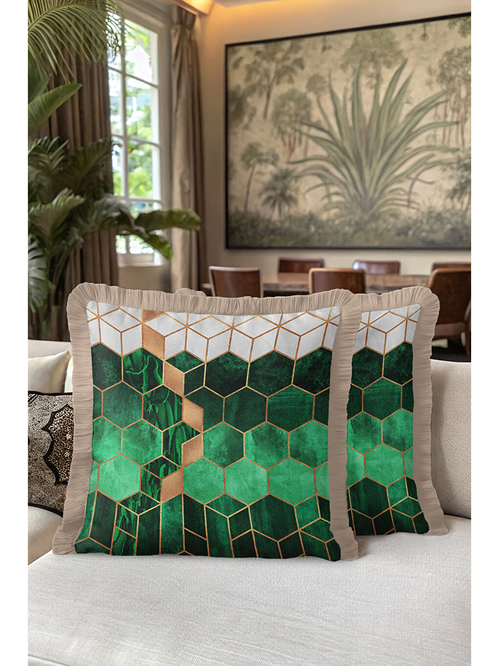 Karışık Mermer Gold Renk Geometrik Saçaklı Yastık Kılıfı - Modern Zümrüt Yeşil Bej Püsküllü Kırlent Kılıfı-5