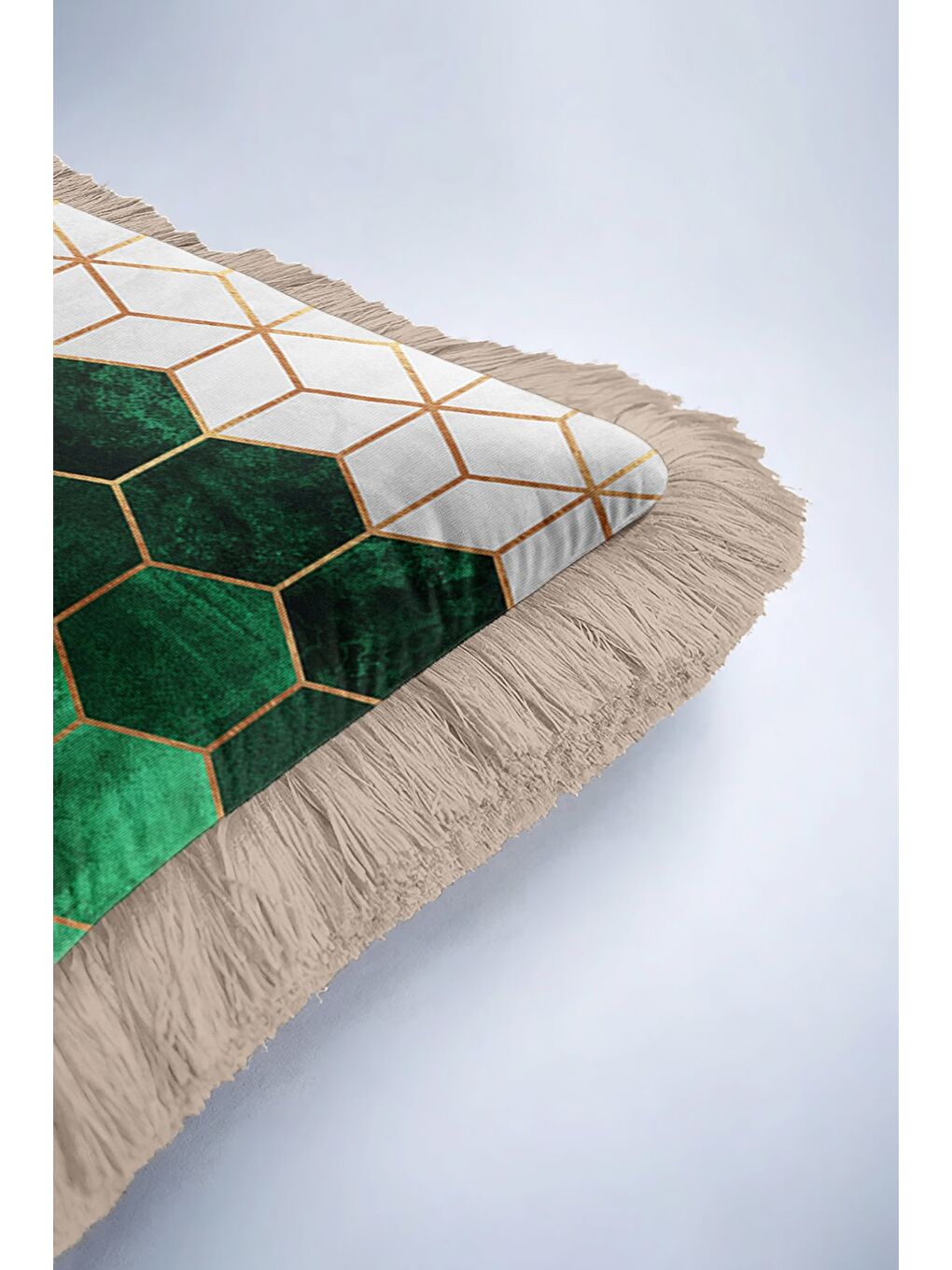 Karışık Mermer Gold Renk Geometrik Saçaklı Yastık Kılıfı - Modern Zümrüt Yeşil Bej Püsküllü Kırlent Kılıfı-6