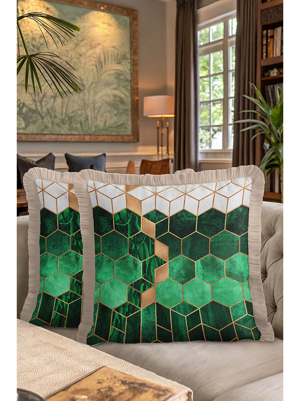 Karışık Mermer Gold Renk Geometrik Saçaklı Yastık Kılıfı - Modern Zümrüt Yeşil Bej Püsküllü Kırlent Kılıfı-7