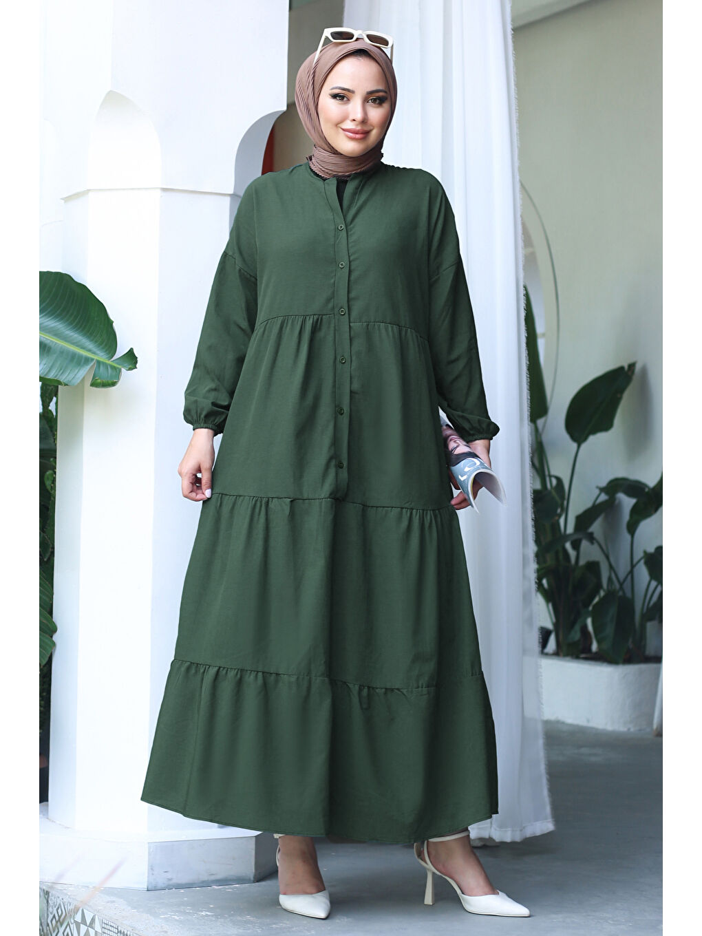 Hakim Yaka Kadın Haki Büzgülü Pat Detaylı Elbise - 13156-1