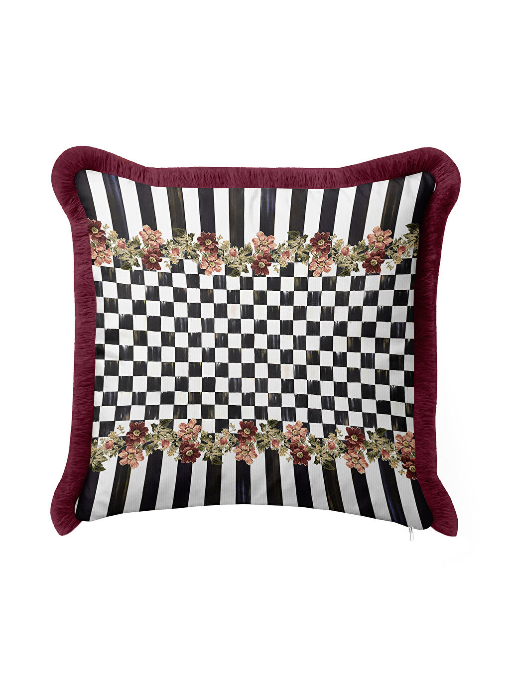 Karışık Lüks Patchwork Çiçekli Saçaklı Yastık Kılıfı - Çizgili Ekose Viktoryen Bordo Püsküllü Kırlent Kılıfı-2