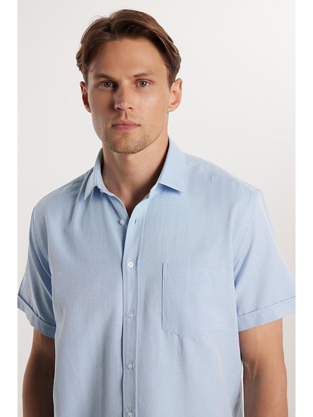 Erkek Regular Fit Klasik Kesim Pamuklu Tek Cepli Armürlü Mavi Gömlek-1
