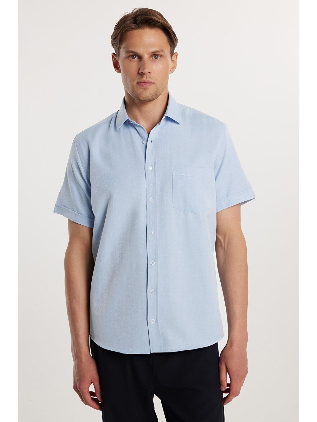 Erkek Regular Fit Klasik Kesim Pamuklu Tek Cepli Armürlü Mavi Gömlek-3