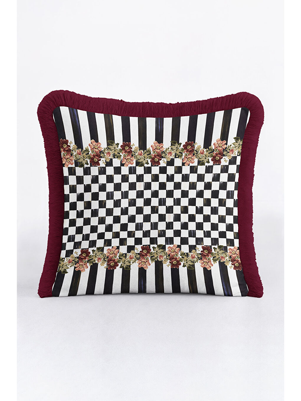 Karışık Lüks Patchwork Çiçekli Saçaklı Yastık Kılıfı - Çizgili Ekose Viktoryen Bordo Püsküllü Kırlent Kılıfı-3
